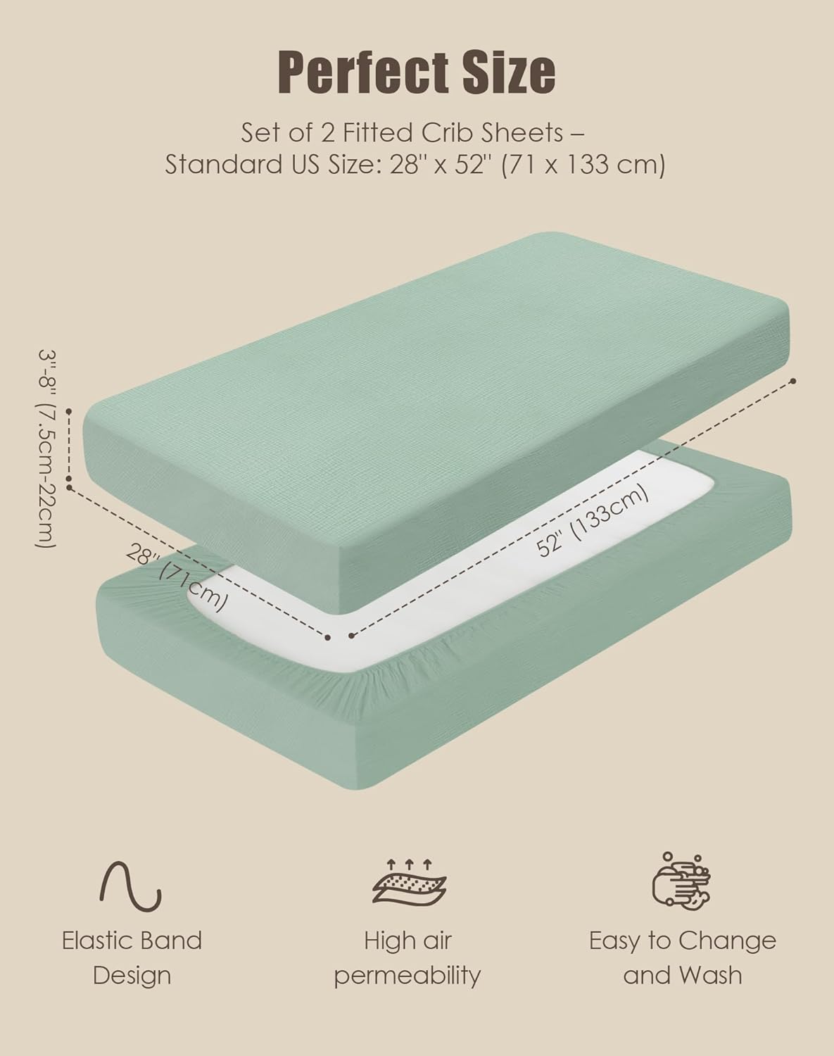 SWEET DOLPHIN 2-Pack Muslin Crib Sheets for Boys & Girls, Ultra Soft Breathable 40S Long-Staple Cotton Fitted Baby Sheets for Standard Crib Mattress 52"x28", Green and Grey- Nursery Essentials