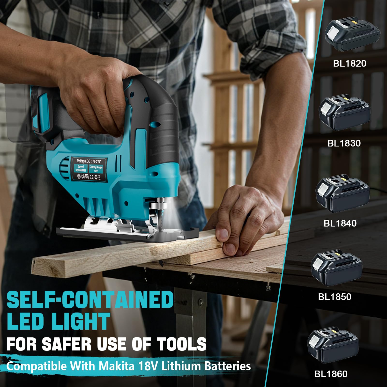 LIVOWALNY Seghetto Alternativo Senza Filo Compatibile con Batterie Makita 18V, Velocità Variabile, Taglio a Inclinazione 45°, con 6 Lame – Per Legno, Metallo e Plastica (Batteria Non Inclusa)