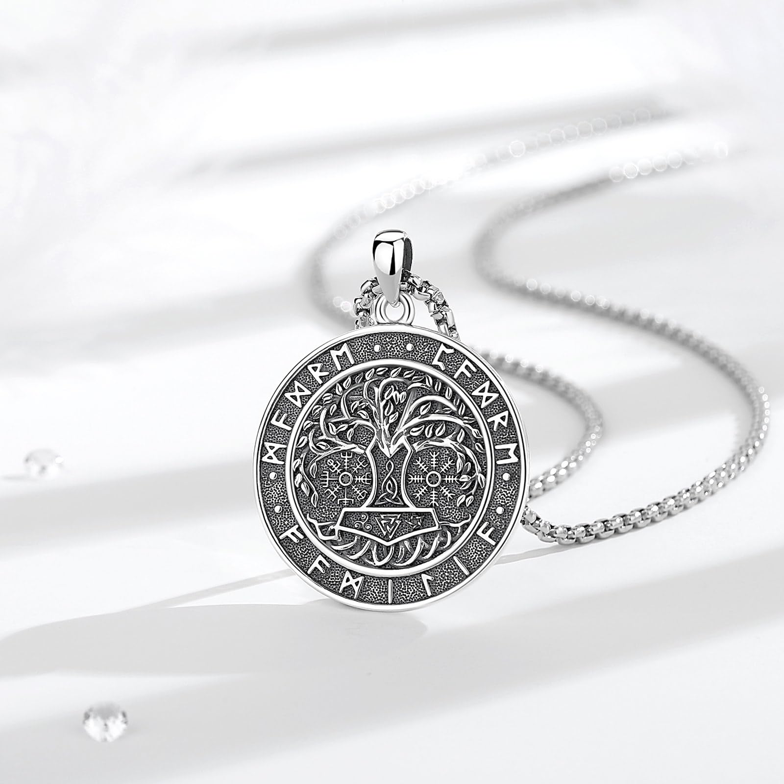 INFUSEU Wikinger Halskette für Männer, 925 Sterling Silber Lebensbaum Yggdrasil Anhänger Wolf Schmuck Valknut Jormungandr Odin Raven Allah Geschenk für Männer