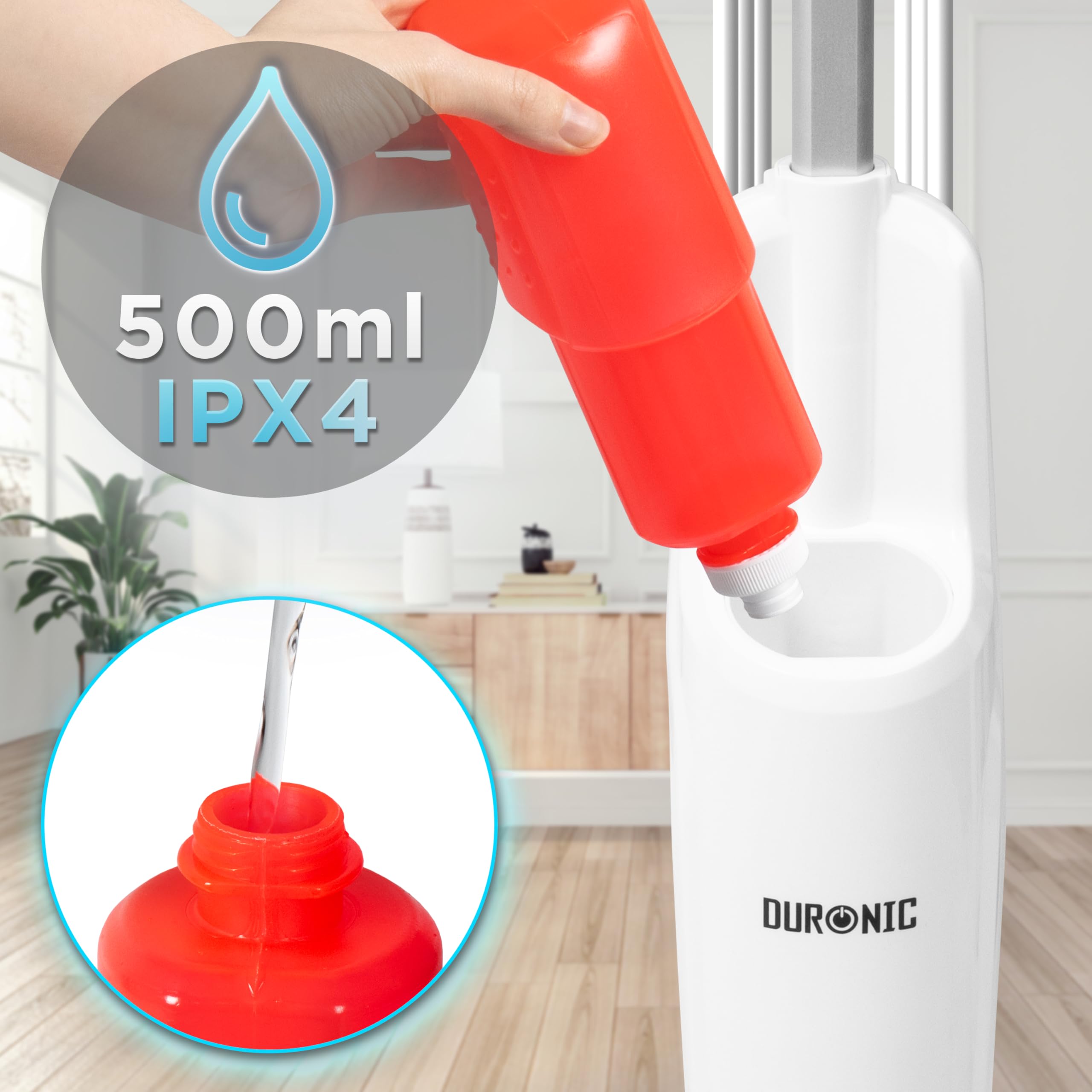 Duronic STM15 WE Scopa a Vapore 1050W, Lavapavimenti Senza Detergenti, Pulitore a Vapore per Pavimenti e Tappeti, Serbatoio 500 ml, Igienizza ed Elimina Batteri, Cavo 7 m, Bianco