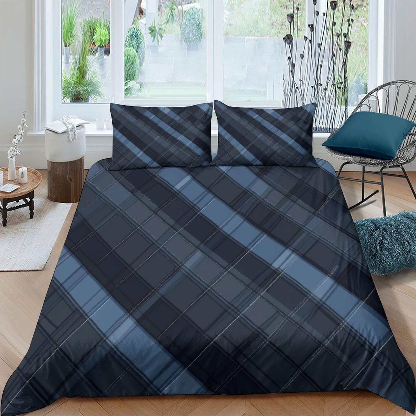 GPLZQXKJNH 3D Printed Dark Plaid Duvet Cover Set Microfiber Soft Breathable Blue Grid Bedding Set with 2 Pillowcases for Bedroom Single（135x200cm）