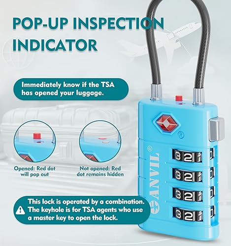 Miniatura 3 de ANVIL Cerraduras de equipaje de 4 dígitos, cerraduras TSA para equipaje, núcleo avanzado TSA008, indicador de alerta para tu cerradura de viaje