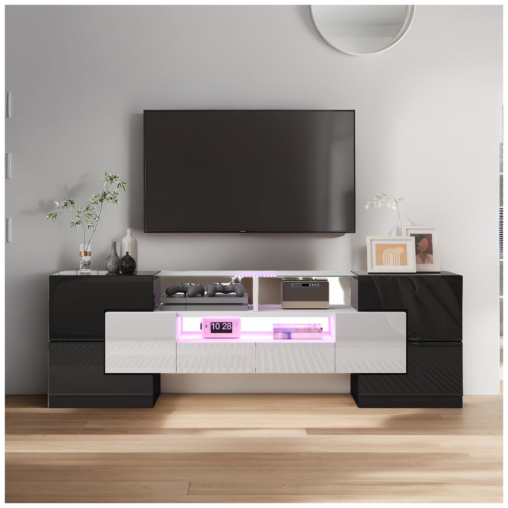 Mueble para TV de Salón con Iluminación LED - 145 x 51 x 30 cm - Blanco + Negro