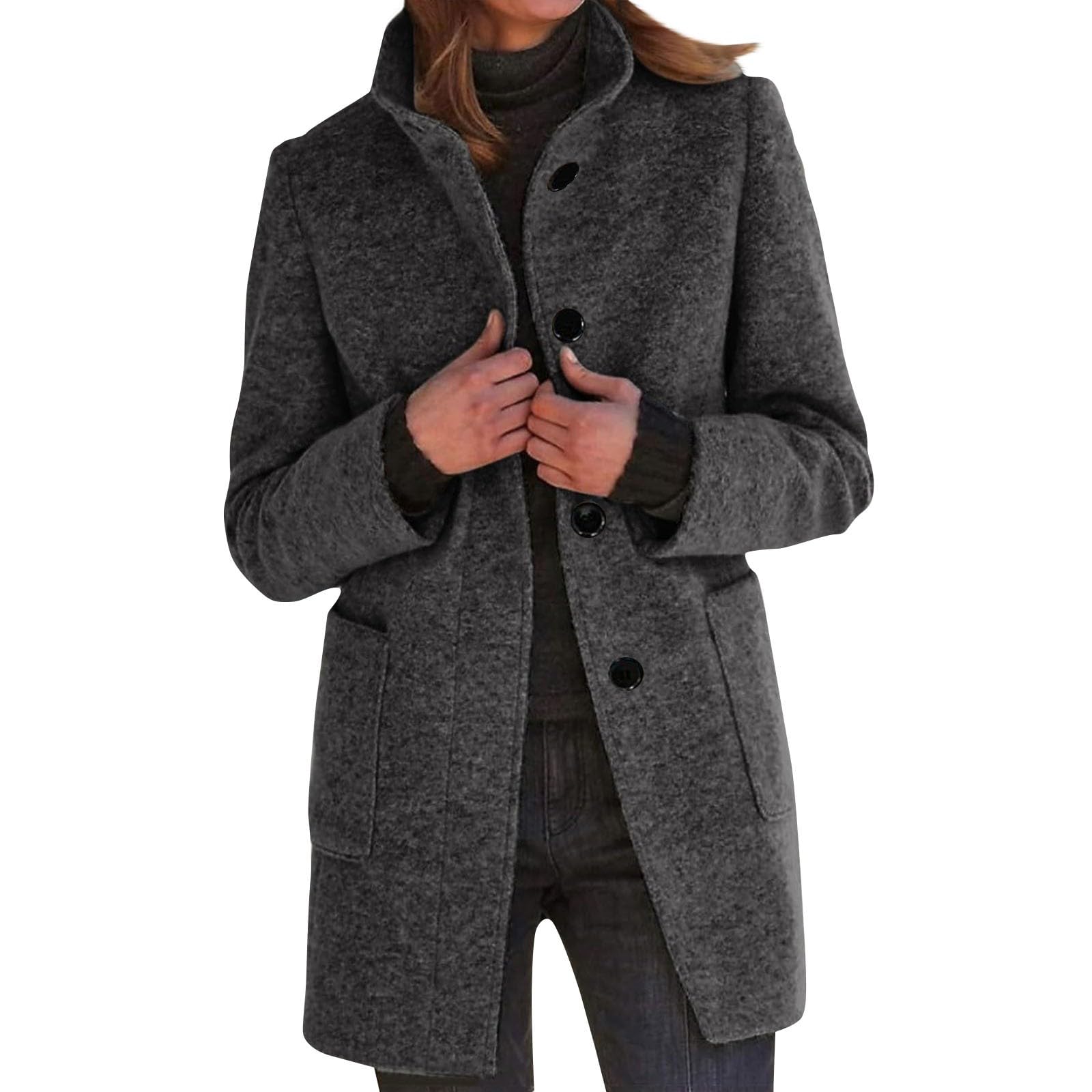 Pea Coats For Women Stand Collar Single Breasted Trench Coat Thicken Wool Blend Long Sleeve Midi Winter Overcoat