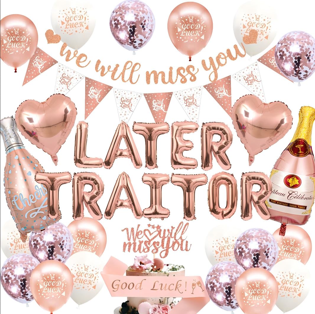 PAUBLLON We Will Miss You Banner Leaving Party Decorations with Later Traitor Balloons Heart shape Balloons Triangle Flag Banner for Retirement Graduation Office Work Going Away Party (Rose Gold A)