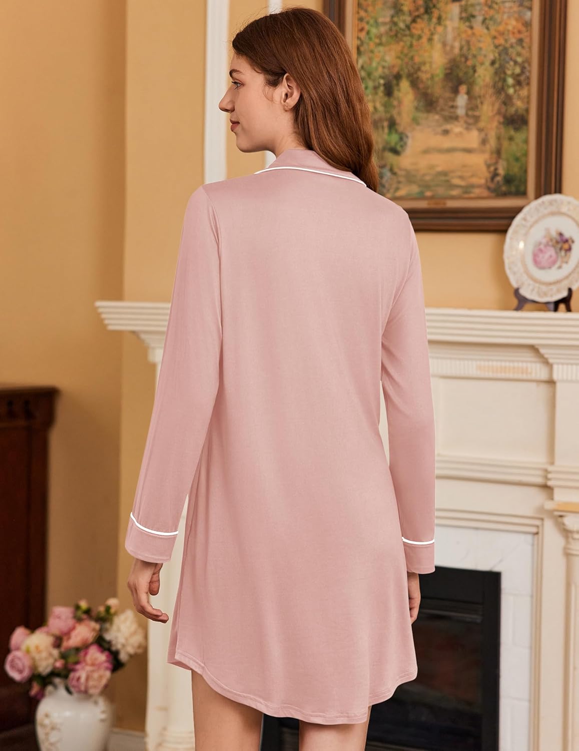 Ekouaer 2 Pack Nightgowns for Women Long Sleeve Night Shirt Button Down Sleep Shirt V-Neck Sleep Dress Pajama Sleepwear - Image 4