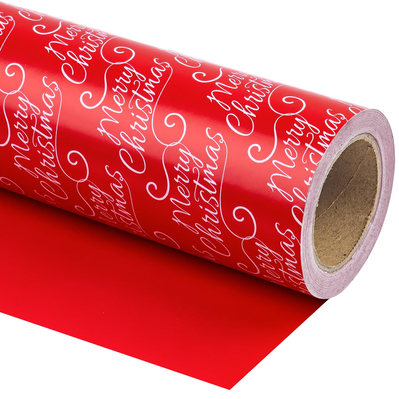WRAPAHOLIC Wendbares Weihnachts-Geschenkpapier – 76,2 cm x 30 m Jumbo-Rolle Merry Christmas Schriftzug und solides rotes Design