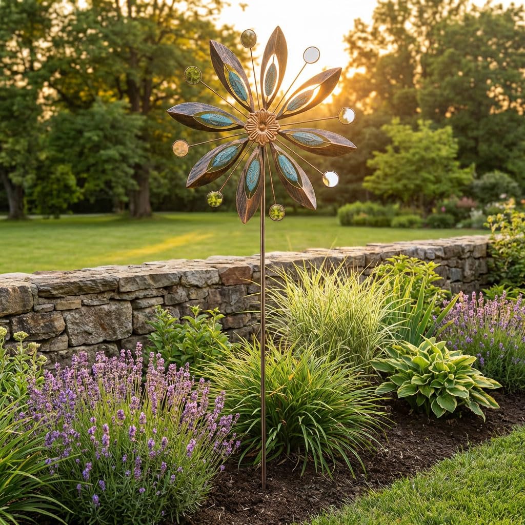 levandeo Molinillo de viento de metal para jardín, altura de 180 cm, diseño de flor antigua, molino de viento, carillón de viento, adorno de metal, flor de metal