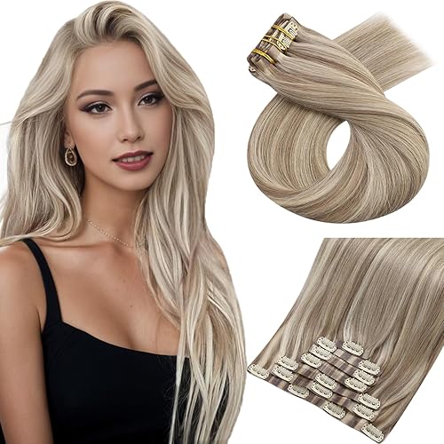 Moresoo Extensiones de cabello humano Remy con pinzas, sin costuras, trama con poliuretano,rubio, 7 piezas, 4.23 oz, 14 pulgadas