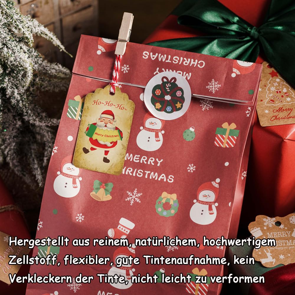 Étiquettes Cadeaux De Noël - Lot De 100 En Papier Kraft Avec Ficelles (50 Coton Rouge, 50 Jute Naturel) | 10 Motifs Festifs Pour Emballage Et Décoration