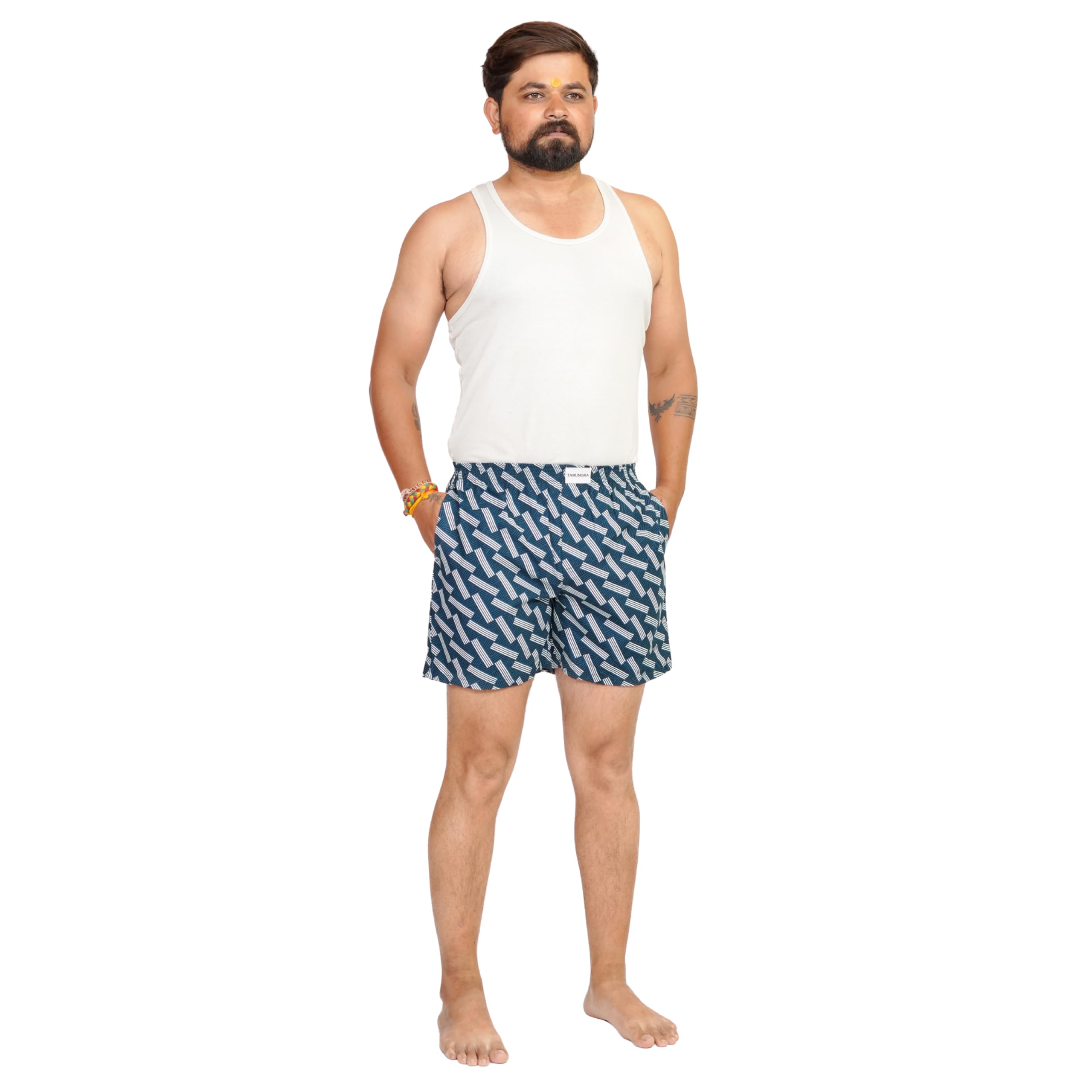 Men's Printed Boxer Shorts, Teal Blue Geometric Print, Casual Summer Wear-image-18