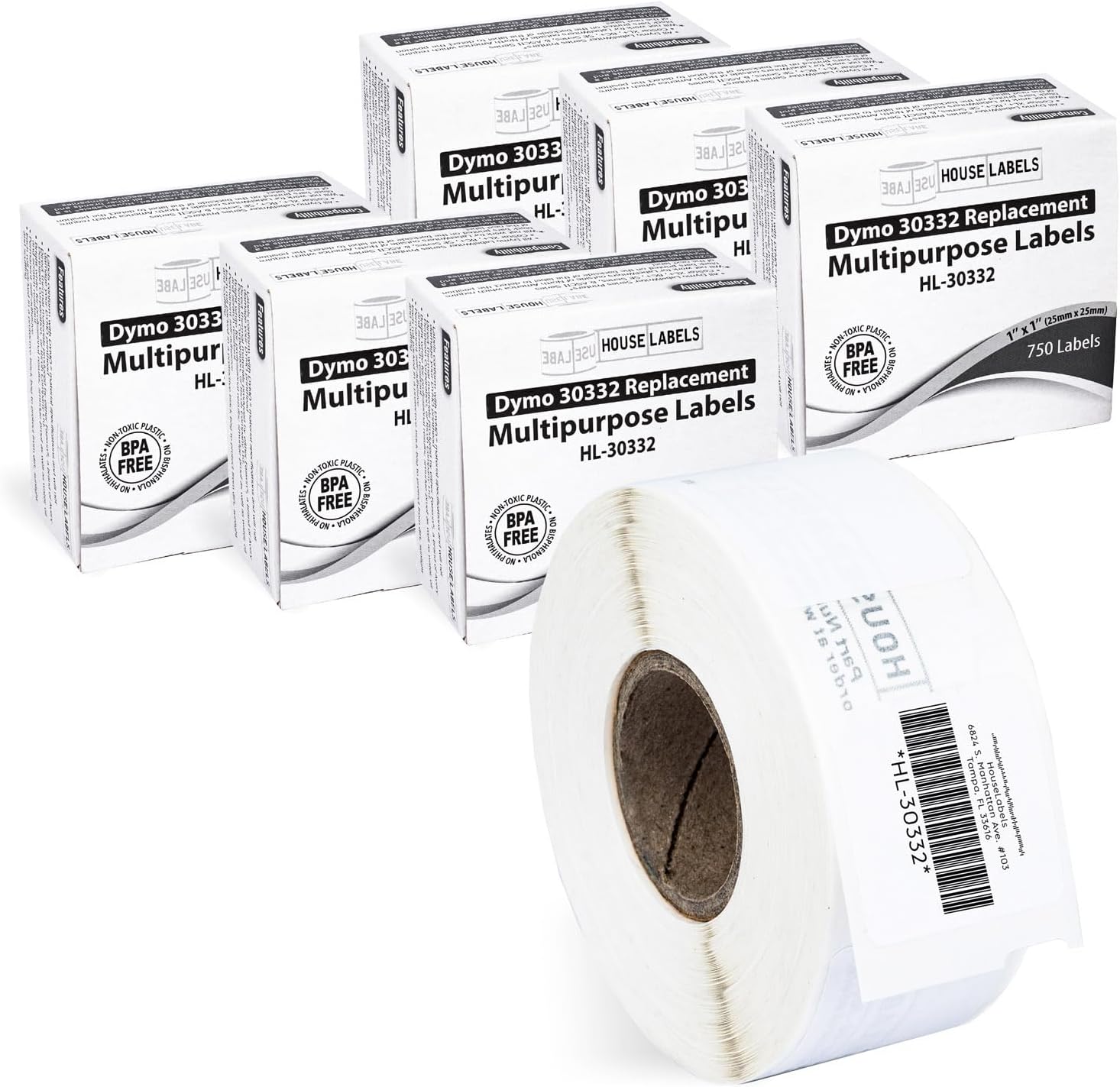 HOUSELABELS Compatible DYMO 30332 Multipurpose Labels (1" x 1"), Strong Permanent Adhesive, Compatible with DYMO LW 450, 4XL, Rollo & Zebra Desktop Printers, 6 Rolls /4500 Labels