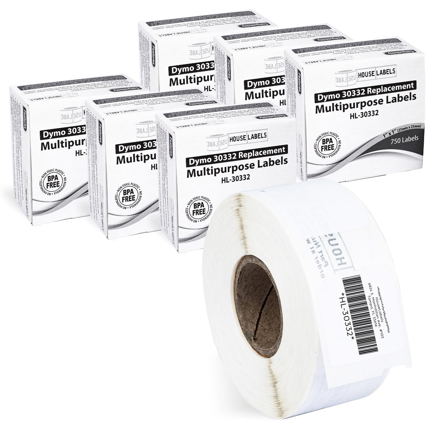 HOUSELABELS Compatible DYMO 30332 Multipurpose Labels (1" x 1"), Strong Permanent Adhesive, Compatible with DYMO LW 450, 4XL, Rollo & Zebra Desktop Printers, 6 Rolls /4500 Labels