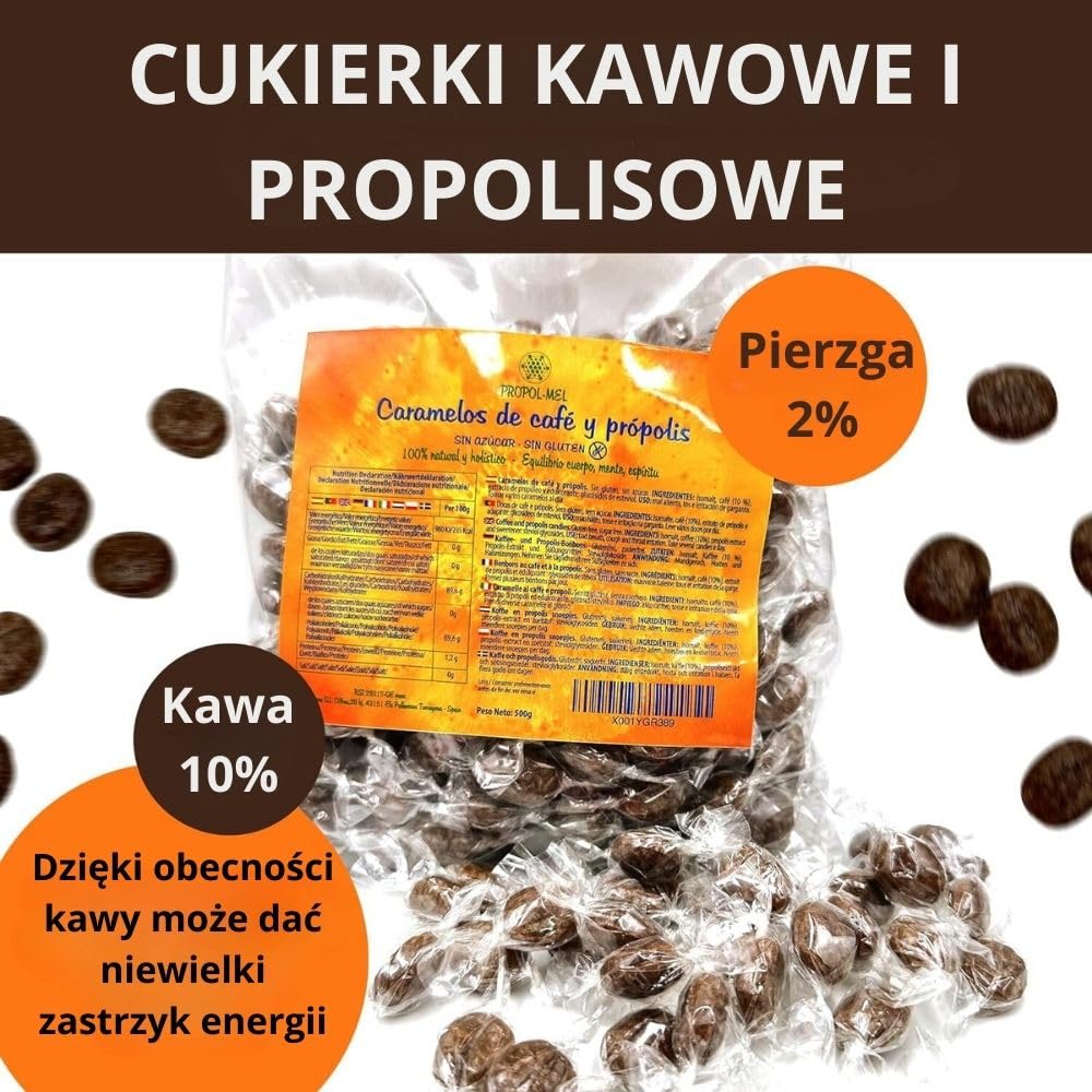 Propol-Mel - Cukierki z Kawią i Propolisem 500g | Bez Cukru | Bez Glutenu | Ręcznie robione w Hiszpanii | Pielęgnacja jamy ustnej i gardła | Intensywny smak kawy i propolis | Na nieświeży oddech