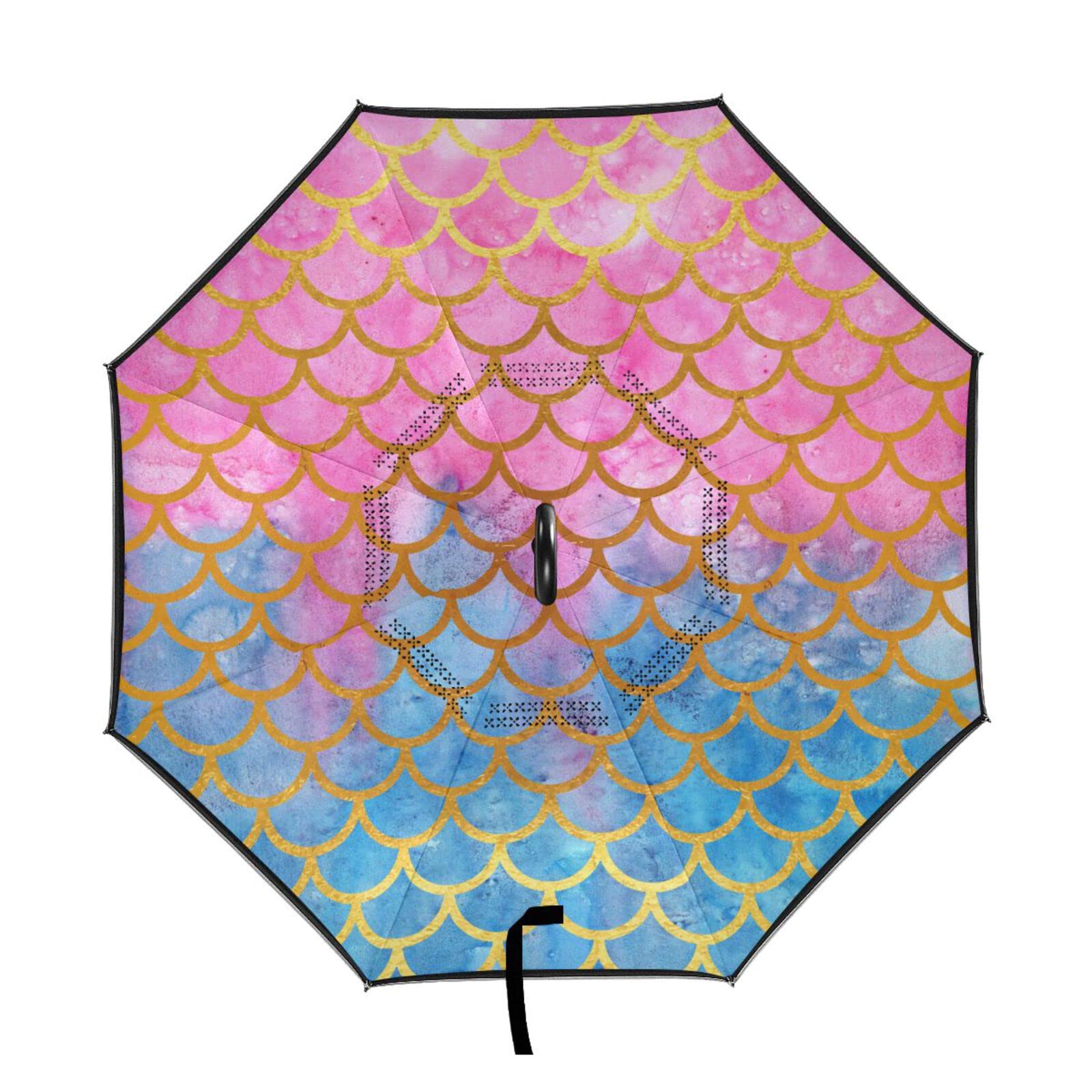 MNSRUU Doble capa invertida sirena acuarela peces escamas paraguas coches inversa viento lluvia paraguas para coche exterior con mango en forma de C protección UV a prueba de viento, Pink, L