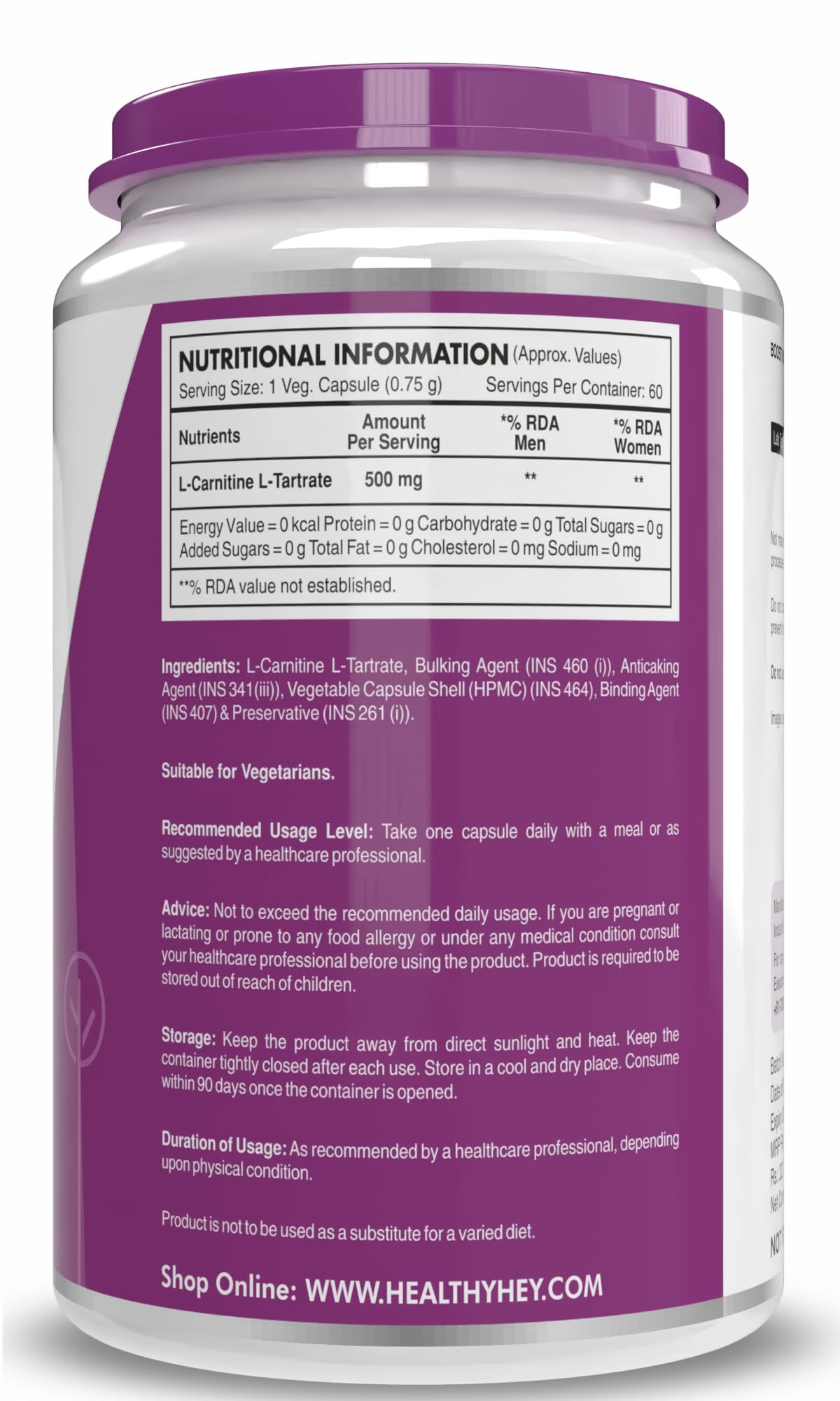 HealthyHey L-Carnitine & L-Tartrate (LCLT)-Support Transport of Fats to Muscles - 60 Vegetable Capsules (Pack of 1) 2
