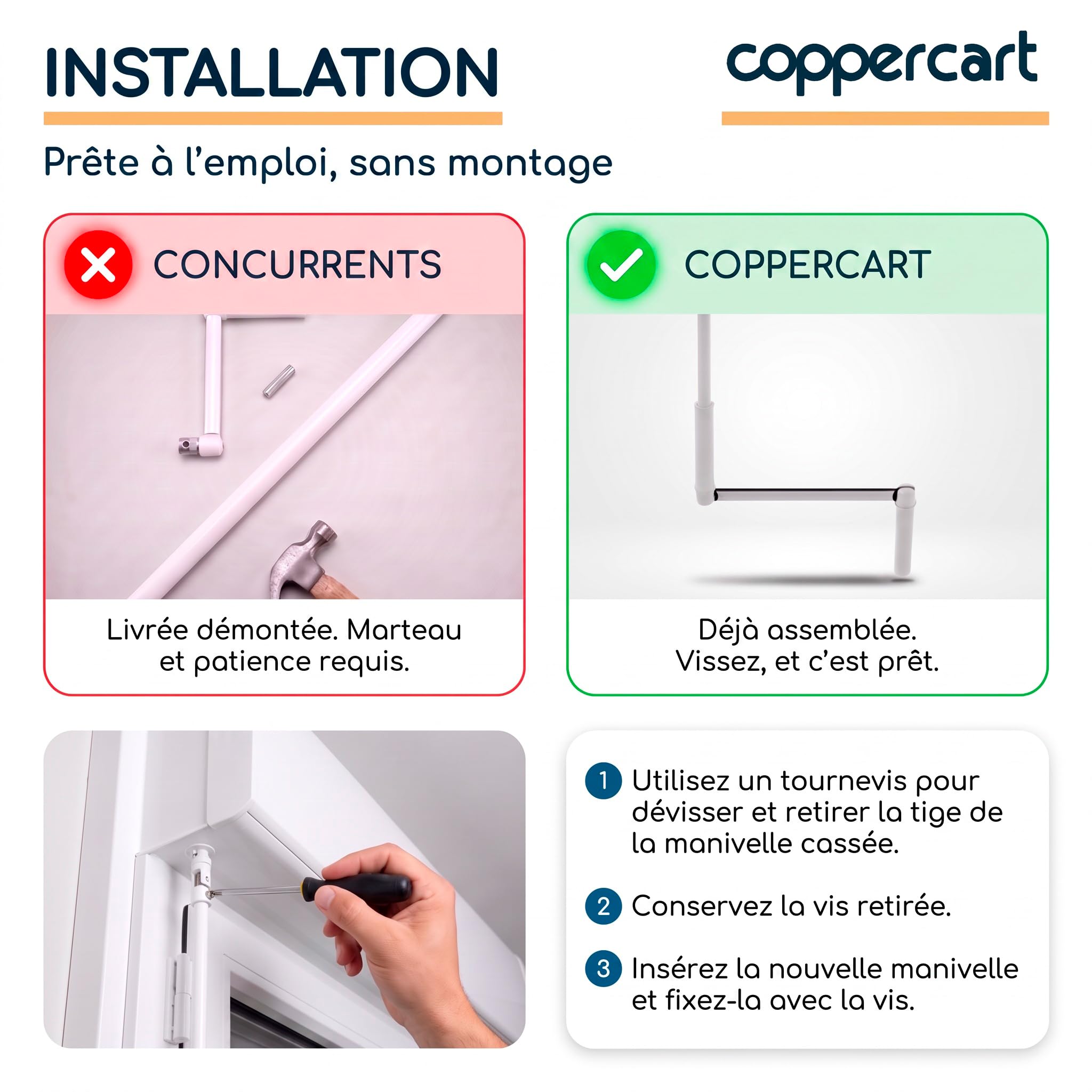 Lot de 2 - Manivelle Complète pour Volet Roulant 1300 mm - Tige Barre E618D - Acier Laqué Blanc diamètre 12mm - Poignée Ergonomique et Clip Mural - Qualité Française