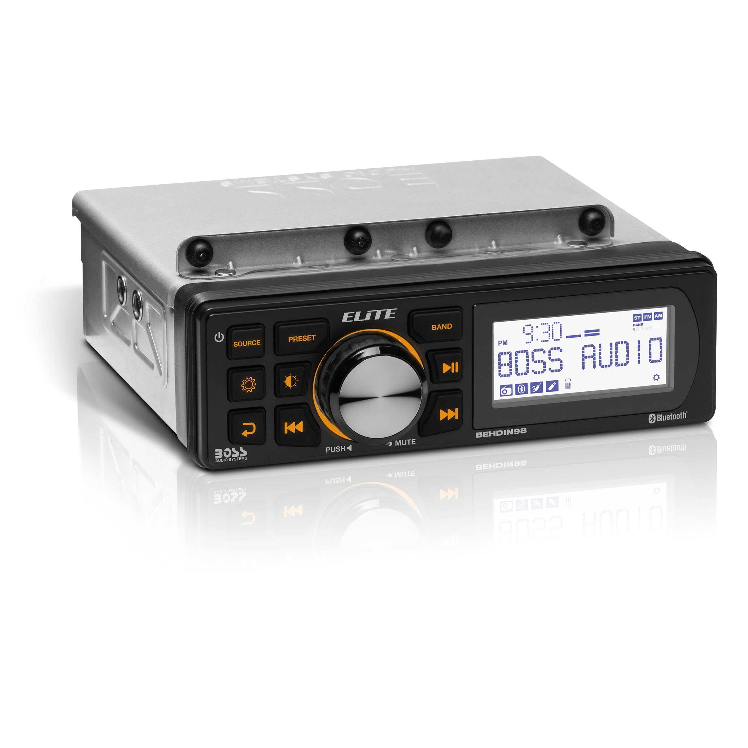 BOSS Audio Systems BEHDIN98 Harley Davidson Amplified Bluetooth Receiver – Directly Fits 1998-2013 Electra Glide & Road Glide, 3” Monochrome LCD, IPX6 Weatherproof Panel & IPX4 Chassis