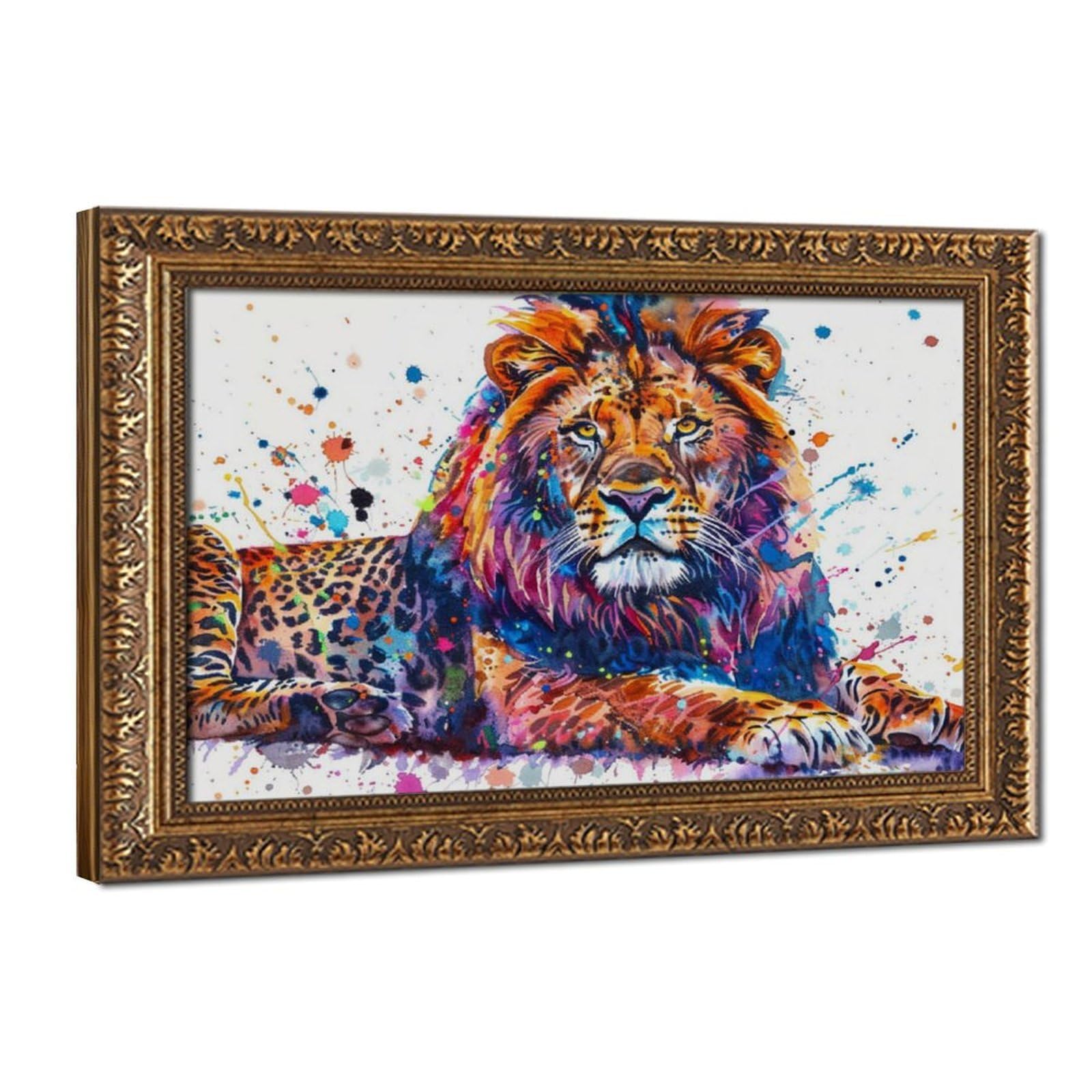 Pyberon Retro Gold Frame-Style Colorful Lions Canvas Poster For Dorm Room Decor Gift
