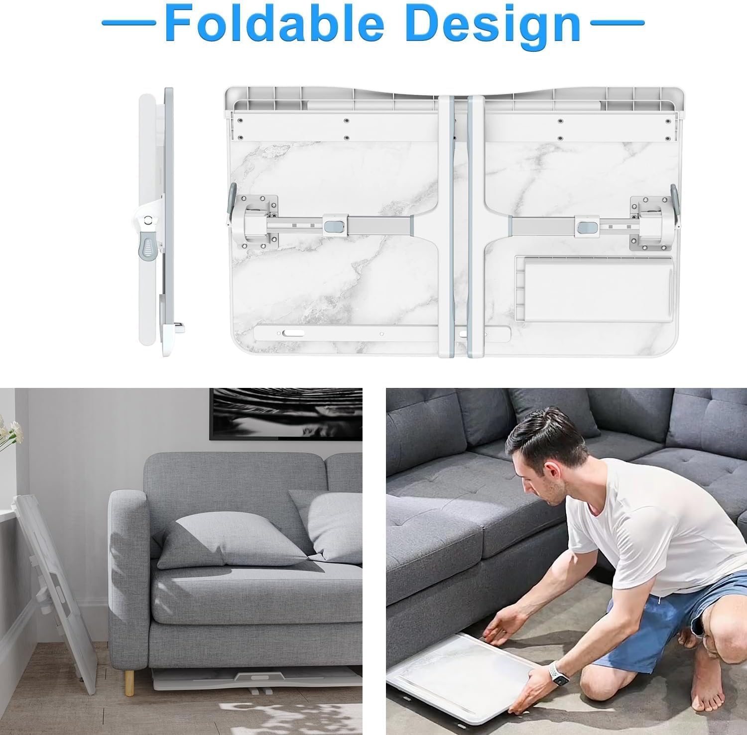 Bed Desk for Laptop - Adjustable X-Large Foldable Bed Table, Laptop Lap Desk with 2 Movable Stoppers and Drawer for Bed Couch Floor Writing Eating Working (Marble, 23.6 inch)