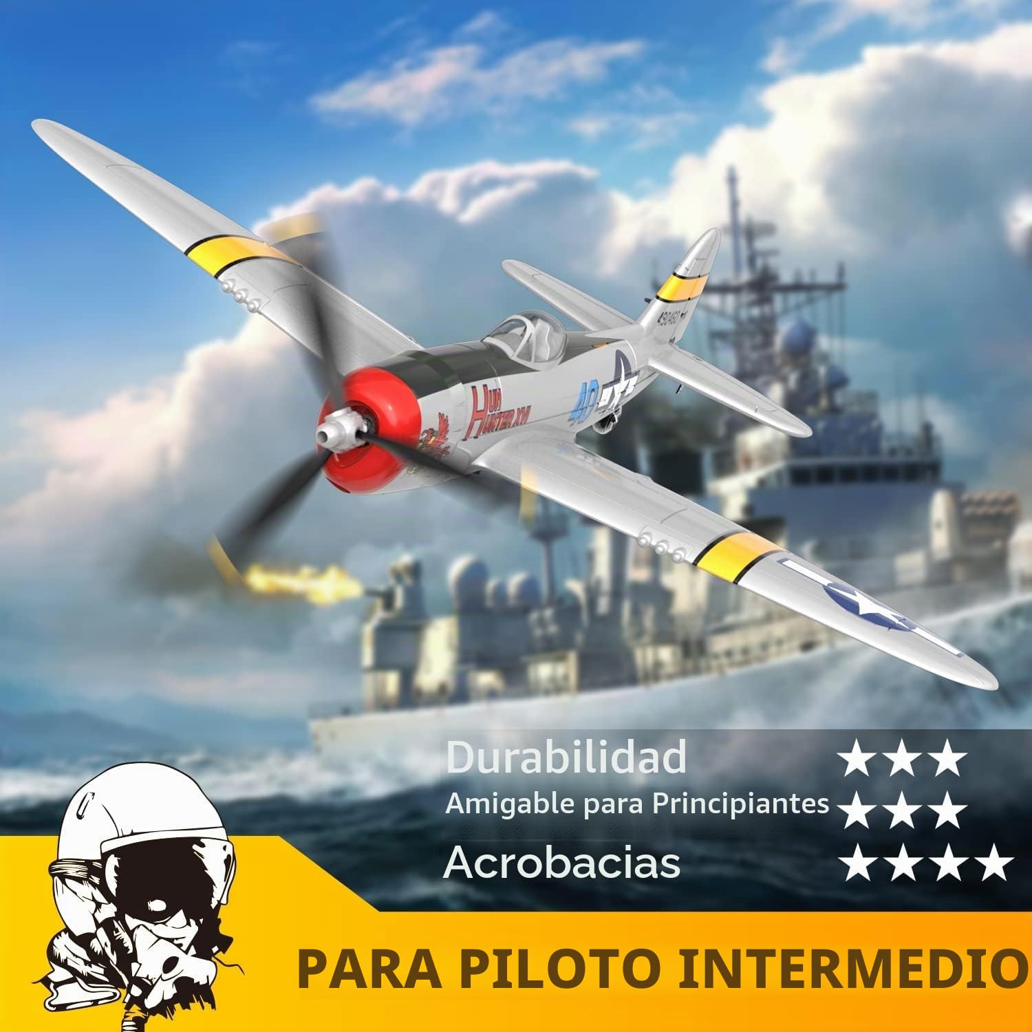 volantexrc P-47 Thunderbolt Avión RC - 4 Canales 2.4GHz RTF con Estabilización 6 Ejes, Modelo de Combate para Principiantes y Expertos (Listo para Volar)