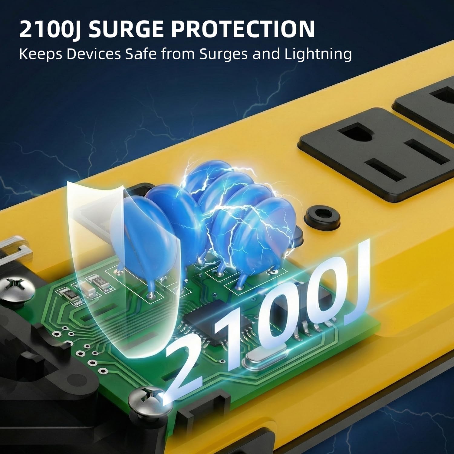 Heavy Duty Metal Power Strip Surge Protector 2100J, 6 Outlets & 2 USB, 15A Circuit Breaker, 6ft Power Cord, 360° Rotating Flat Plug, Wall Mountable for Garage Workshop Industrial, ETL Listed, Yellow