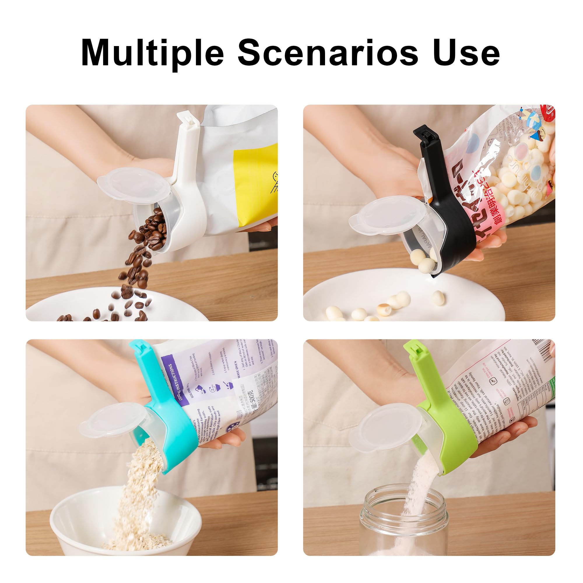 YVEY 4PCS Food Bag Clips with Pour Spout, Durable Plastic Sealing Clips for Snacks, Cereal, Pet Food – Easy Pour Bag Clips