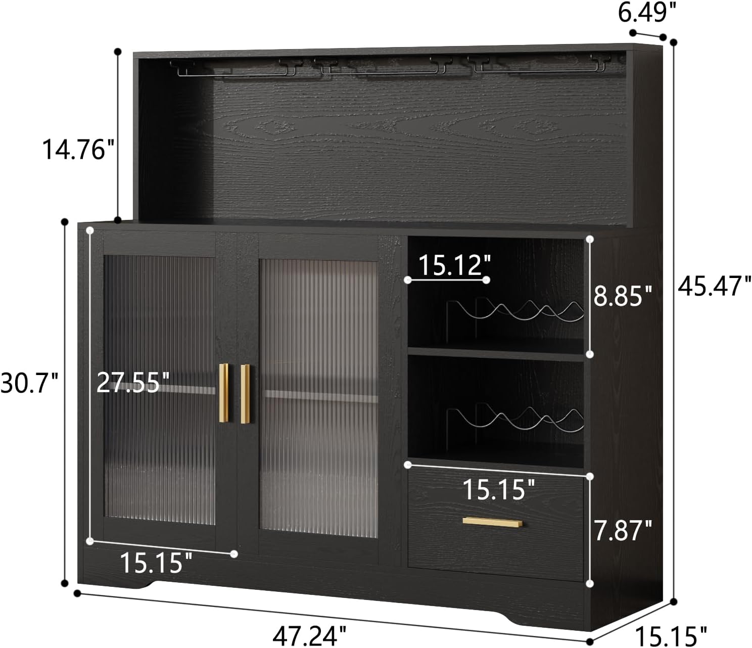 Bar Cabinets for Home with LED Light & Storage Drawer & Glass Holder & Wine Rack & Power Outlet & Door & Shelves for Living Room Kitchen Modern Black