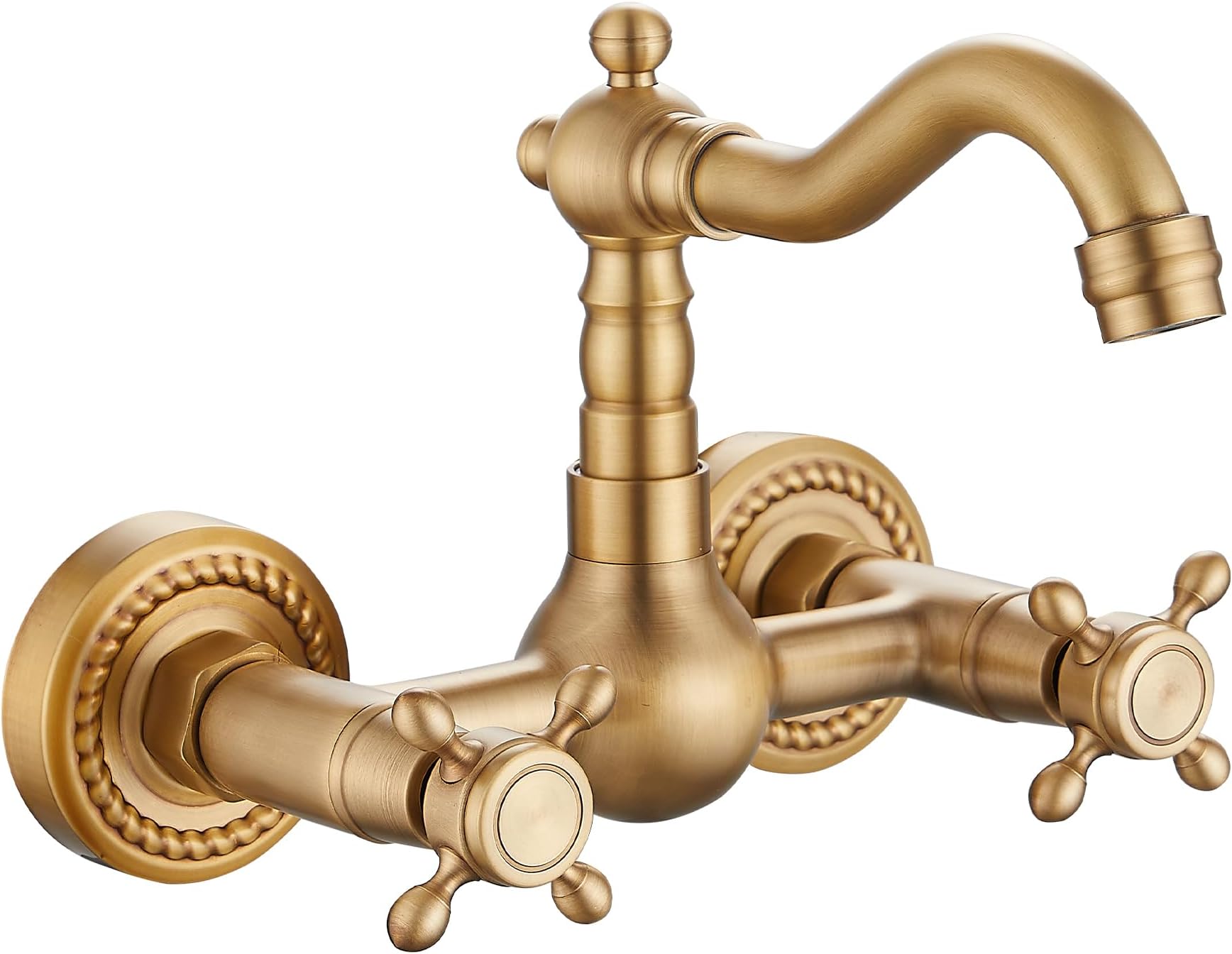 GGStudy Wall Mounted Kitchen & Bathroom Sink Faucet With Double Cross Handle Antique Brass Finish
