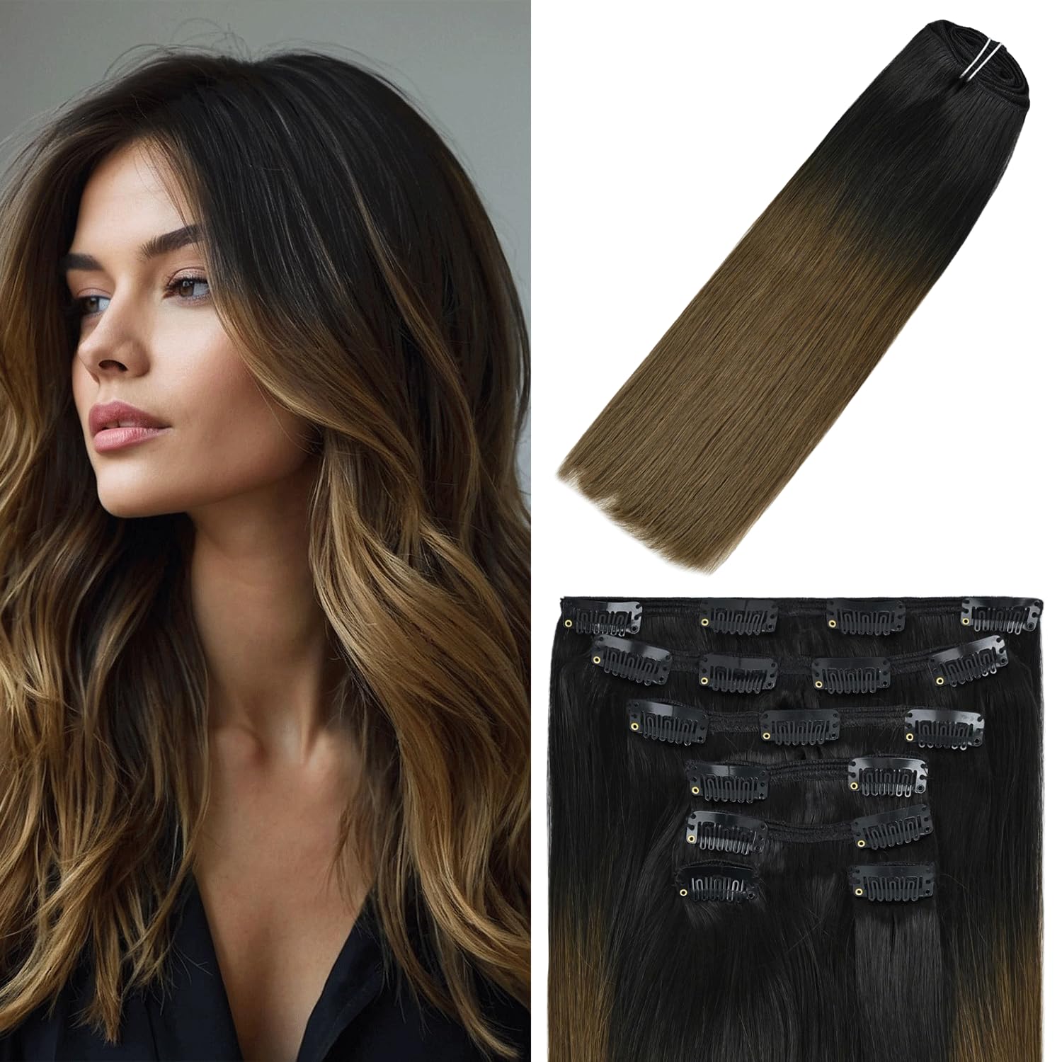 WindTouch Clip in Hair Extensions Human Hair, 15 Inch 75g #4 Medium Brown Hair Extensions for Women Real Human Hair Clip in, Remy Human Hair Extensions Clip ins, Soft Natural Straight — view 60