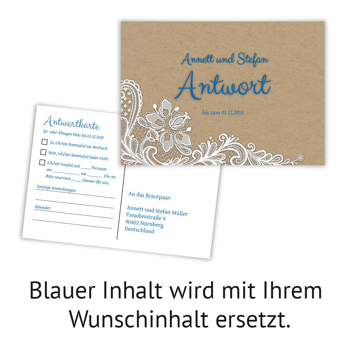50 x Antwortkarte Hochzeit Hochzeitskarten Antwort Postkarte - Rustikal Kraftpapier Look