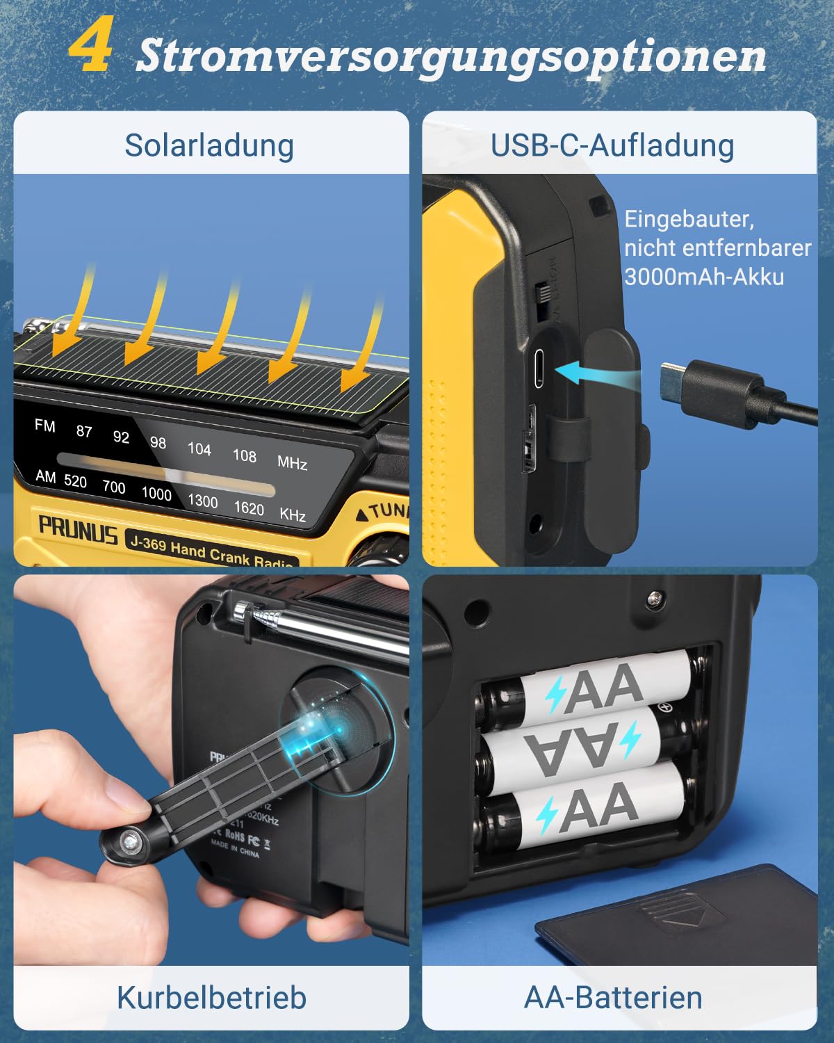 PRUNUS J-369 Solar Radio Kurbel Notfall, Kurbelradio FM/AM Radio Batteriebetrieben, Notfallradio Dynamo Radio mit 3000mAh Power Bank/SOS Alarm/Taschenlampe&Leselampe für Camping, Ourdoor, Notfall.