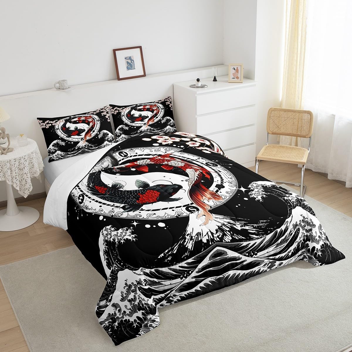 Feelyou Japanese Koi Fish Comforter Set Queen Size Kids Wave Bedding Set for Boys Girls Teens Cherry Blossoms Quilt Japanese-Style Duvet Set