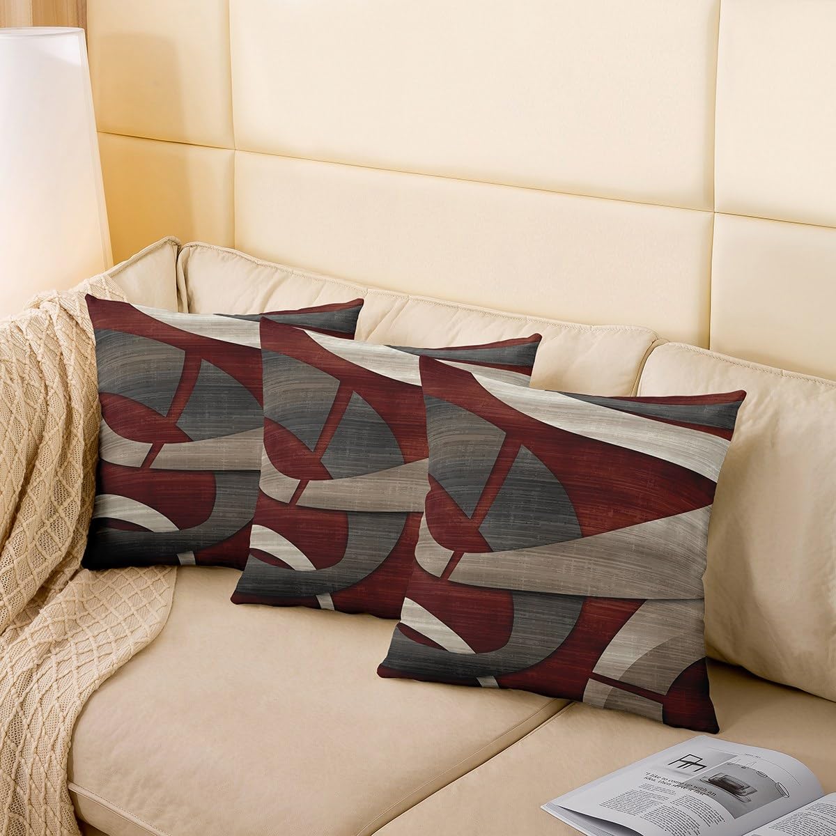 Abstract Spiral Throw Pillow Covers 20x20 Inch Set of 2 Retro Burgundy Red Gray Geometric Stripes Lines Cushion Covers for Teens Men Women Modern Simple Style Cushion Cases for Living Room Couch 3