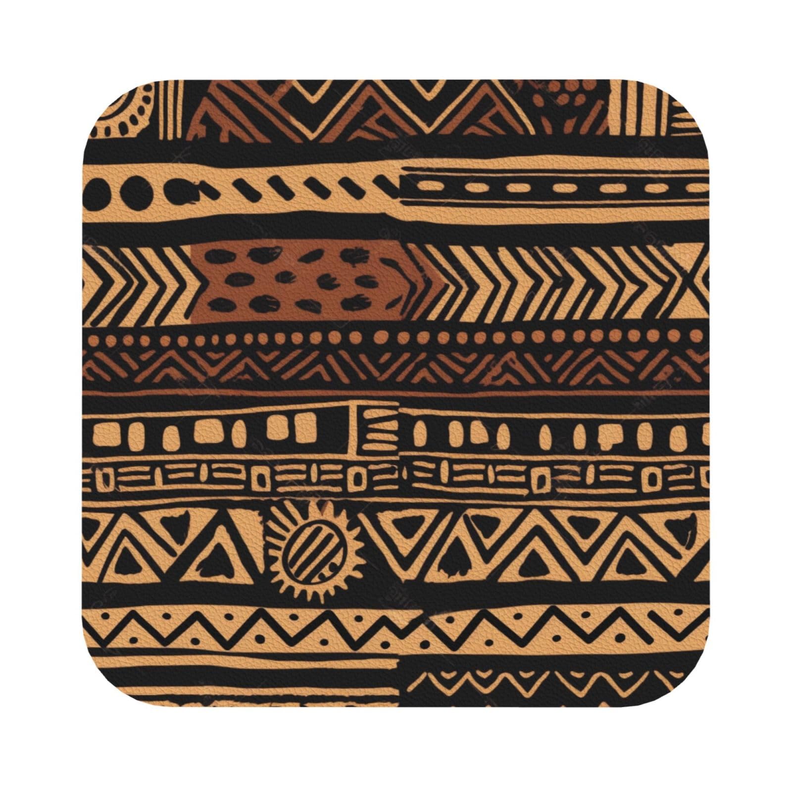 African Mud Cloth Tribal 1 Print Leather Coaster Set of 6, Square Coasters Table Decorative Coffee Cup Beverage Coasters Wine Beer Bar Coasters for Hot Drinks Table Protection