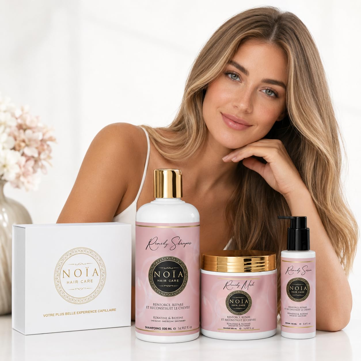 NOÏA HAIR – Coffret Prestige REMEDY – Shampoing 500 ml + Masque 500 ml + Sérum 100 ml – Kératine & Biotine – Réparation & Anti-Casse – Cheveux Abîmés & Fragilisés
