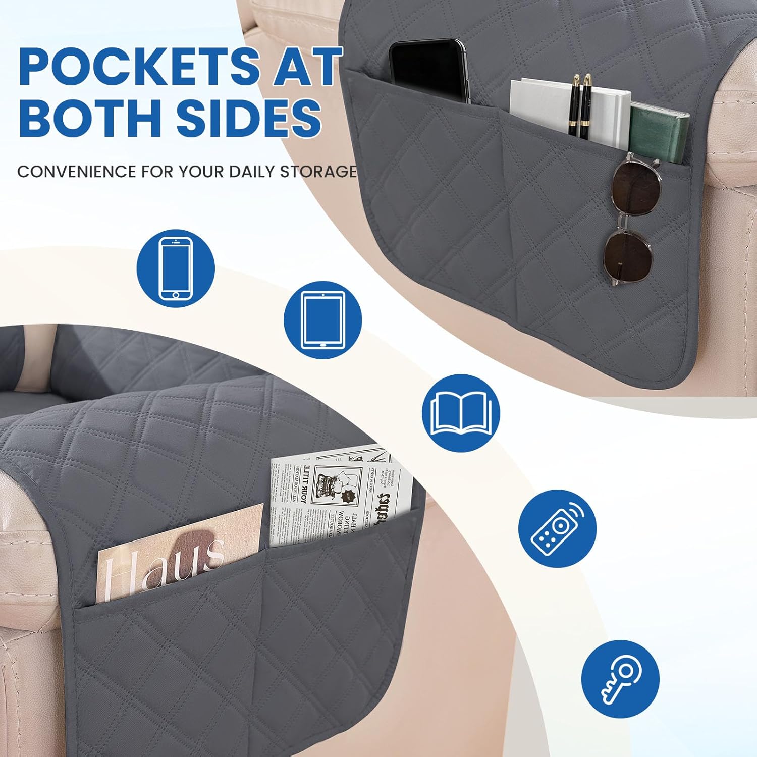 Waterproof Recliner Chair Covers, Recliner Covers that Stay in Place, Electric Recliner Cover, Recliner Covers Washable with Pocket, Elastic Straps for Kids, Pets, Dogs (Dark Gray, 25")