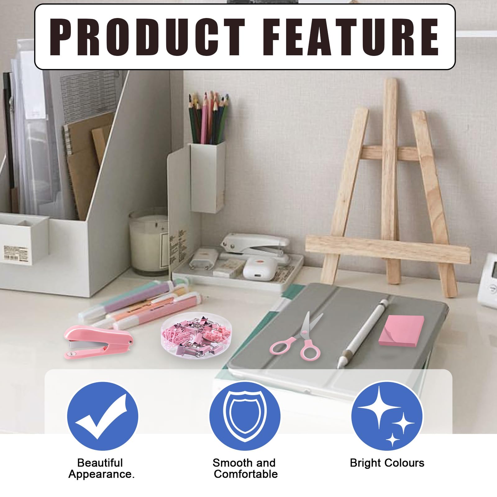 Kit De Fournitures De Bureau Rose Kawaii EUIEUT - Agrafeuse, Ciseaux, Ruban Adhésif, Clips, Étiquettes...