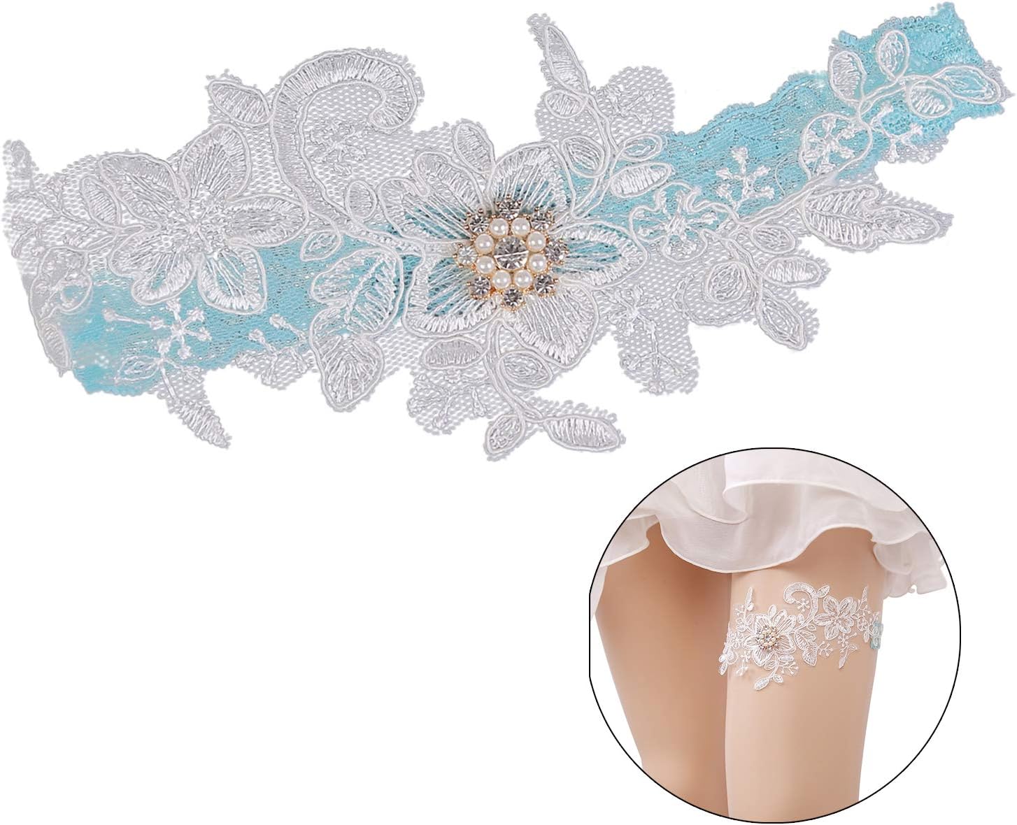 Porte-jarretelle,Jarretière Brodée En Dentelle Bleue Pour Mariée