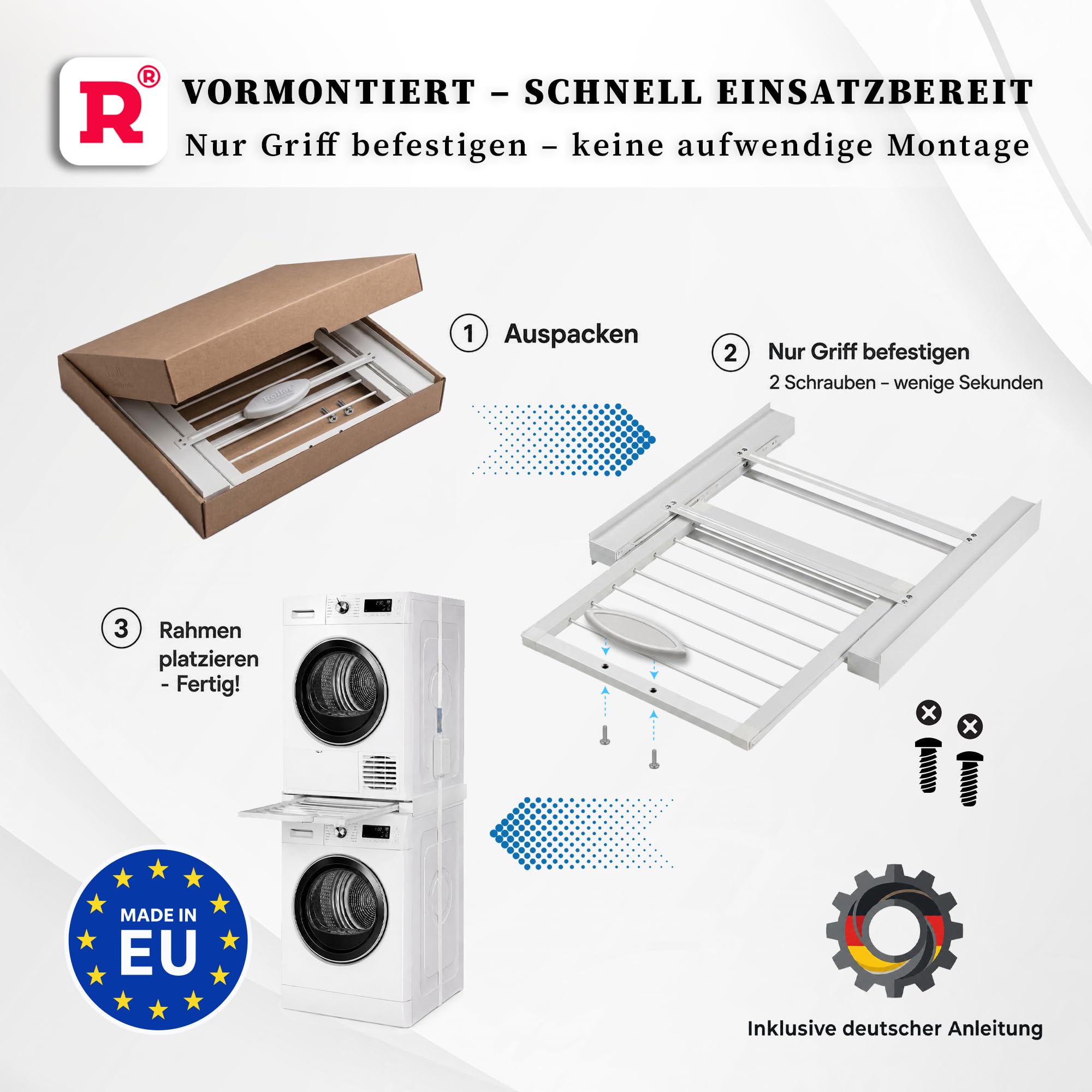 ROLLER Kappatos Zwischenbaurahmen mit Wäscheständer, 250 kg Aluminium | 100% Aluminium, Für 60 cm breite Geräte, Fußabstand 53-60 cm, Trockenfläche 2,8 m, 250 kg, Made in EU, Vormontiert