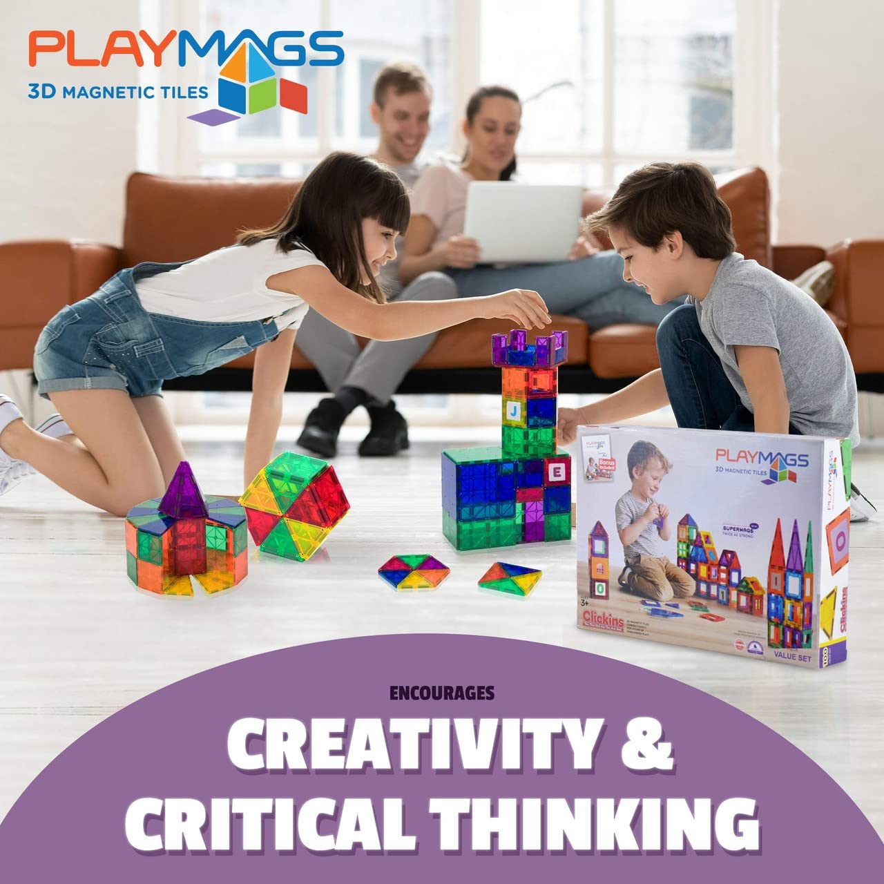 Playmags Costruzioni Magnetici - 56 Pezzi Tessere Magnetiche - Inclusa Un'auto - Giocattoli Magnetici Stem Colorati E Durevoli Per Sviluppare Capacità Motorie E Creatività - 6 Clic Aggiuntivi Inclusi