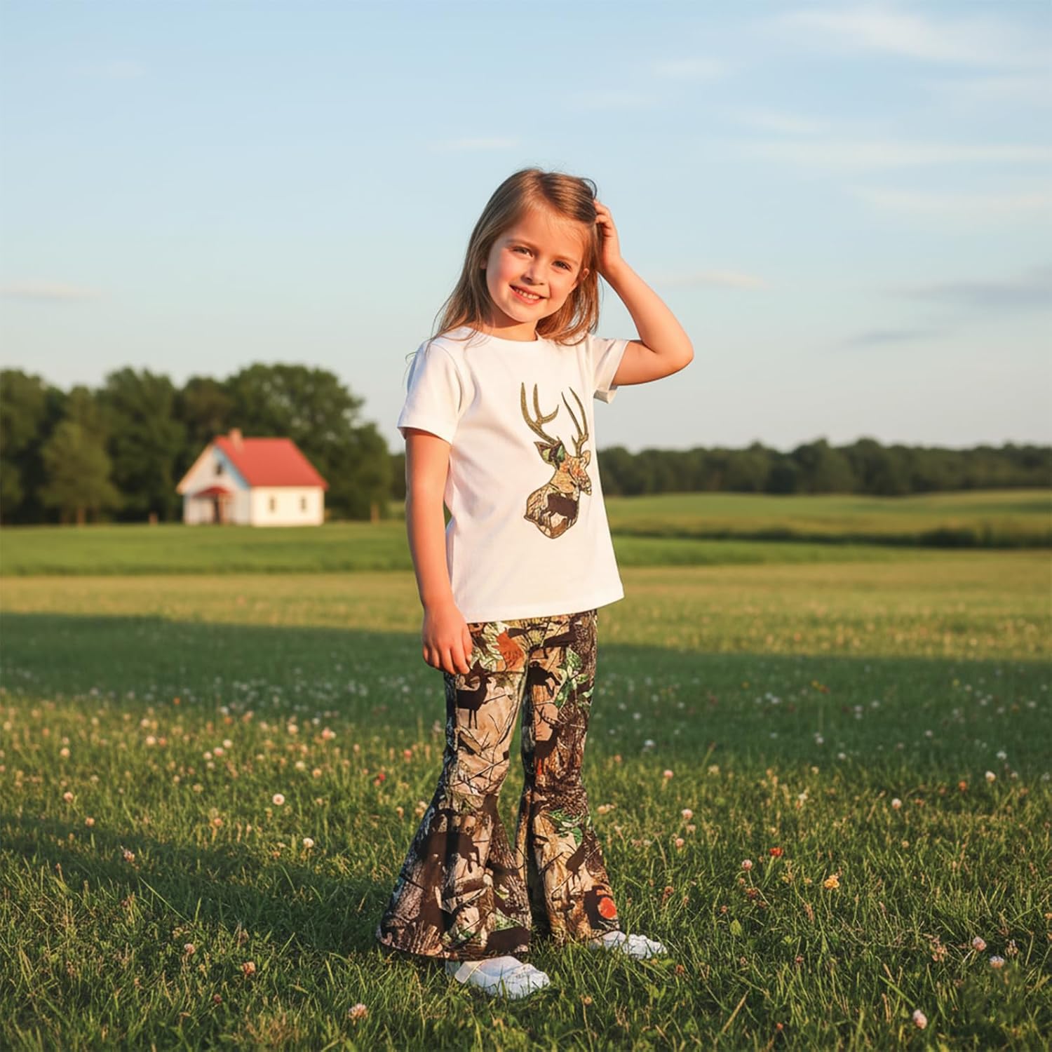 Baby Girl Hunting Clothes Deer Print Short Sleeve T Shirt Jungle Camo Flared Pants Toddler Summer Bell Bottoms Outfit - Image 4