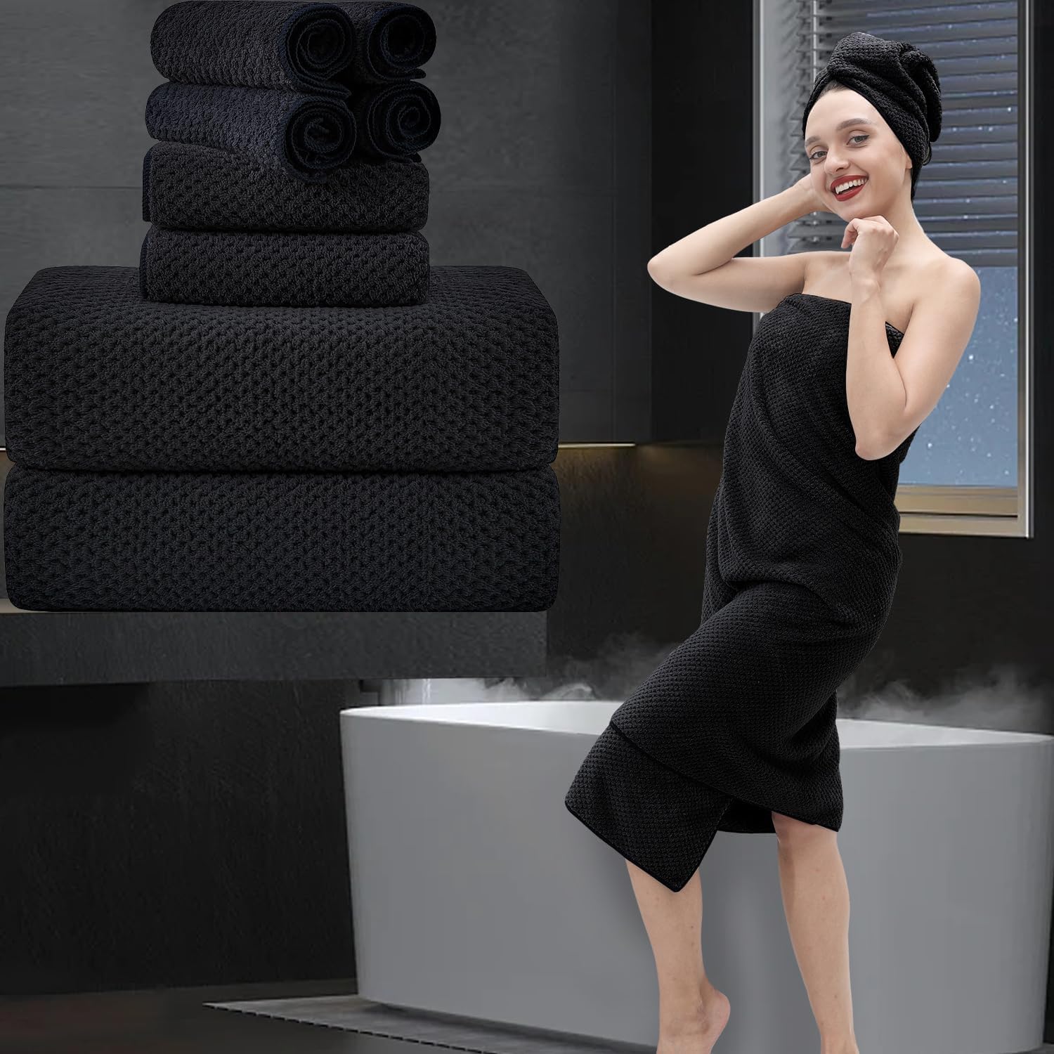 8 Piece Bathroom Towel Set Black |2 Oversized Large Bath Towels Sheet,2 Hand Towels and 4 Washcloths| 600GSM Ultra Soft Luxury Premium Towel Set