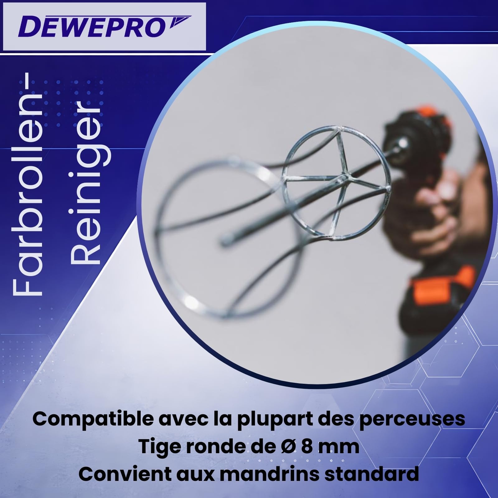 DEWEPRO Dispositif de nettoyage pour rouleau de peinture - Embout pour perceuses/visseuses sans fil pour un nettoyage facile des rouleaux de peinture