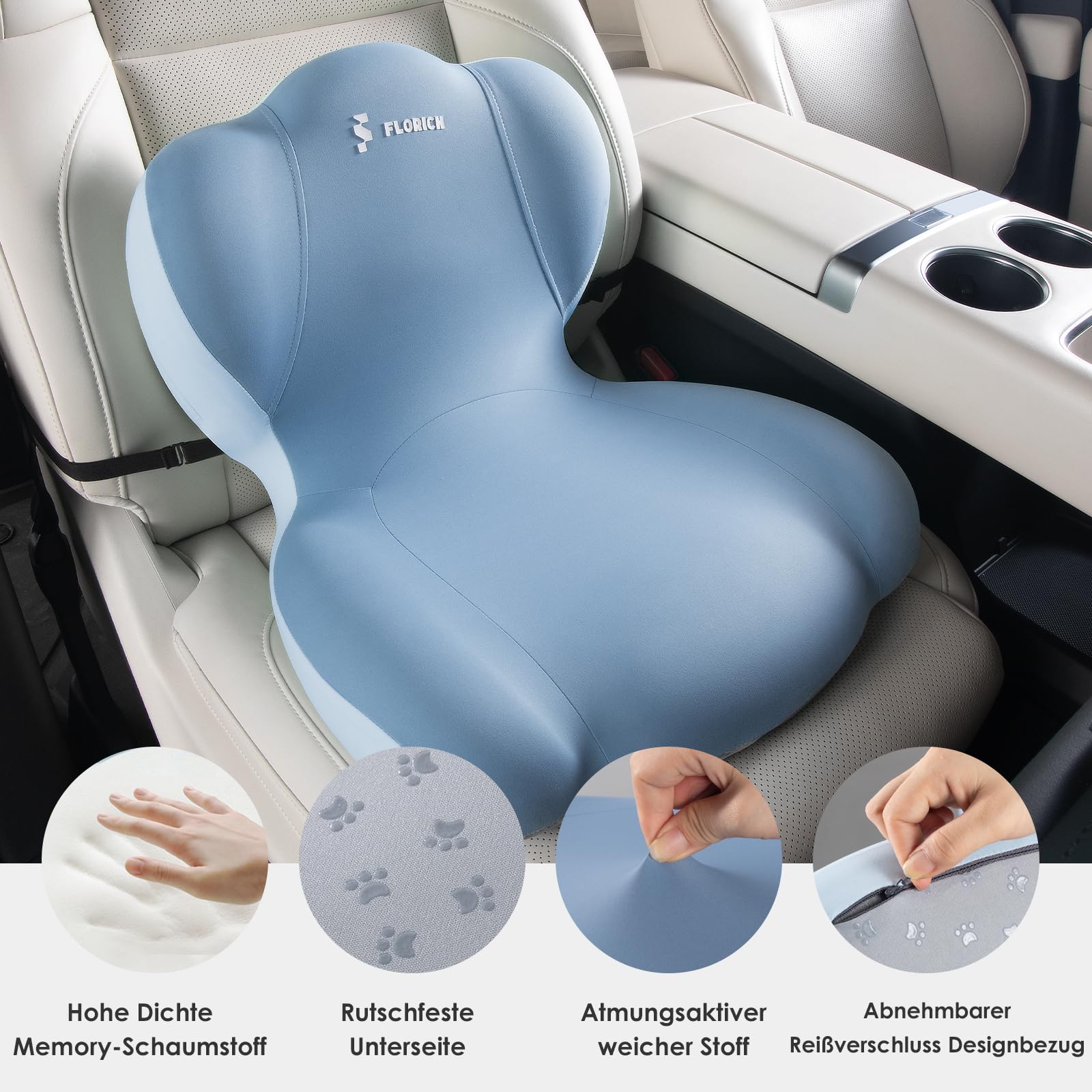 FLORICH Coussin d'assise et Coussin Lombaire en Mousse à Mémoire de Forme pour Siège de Bureau Coussin d'assise Ergonomique pour Voiture pour Siège de Voiture, Chaise de Bureau, Fauteuil Roulant, Bleu