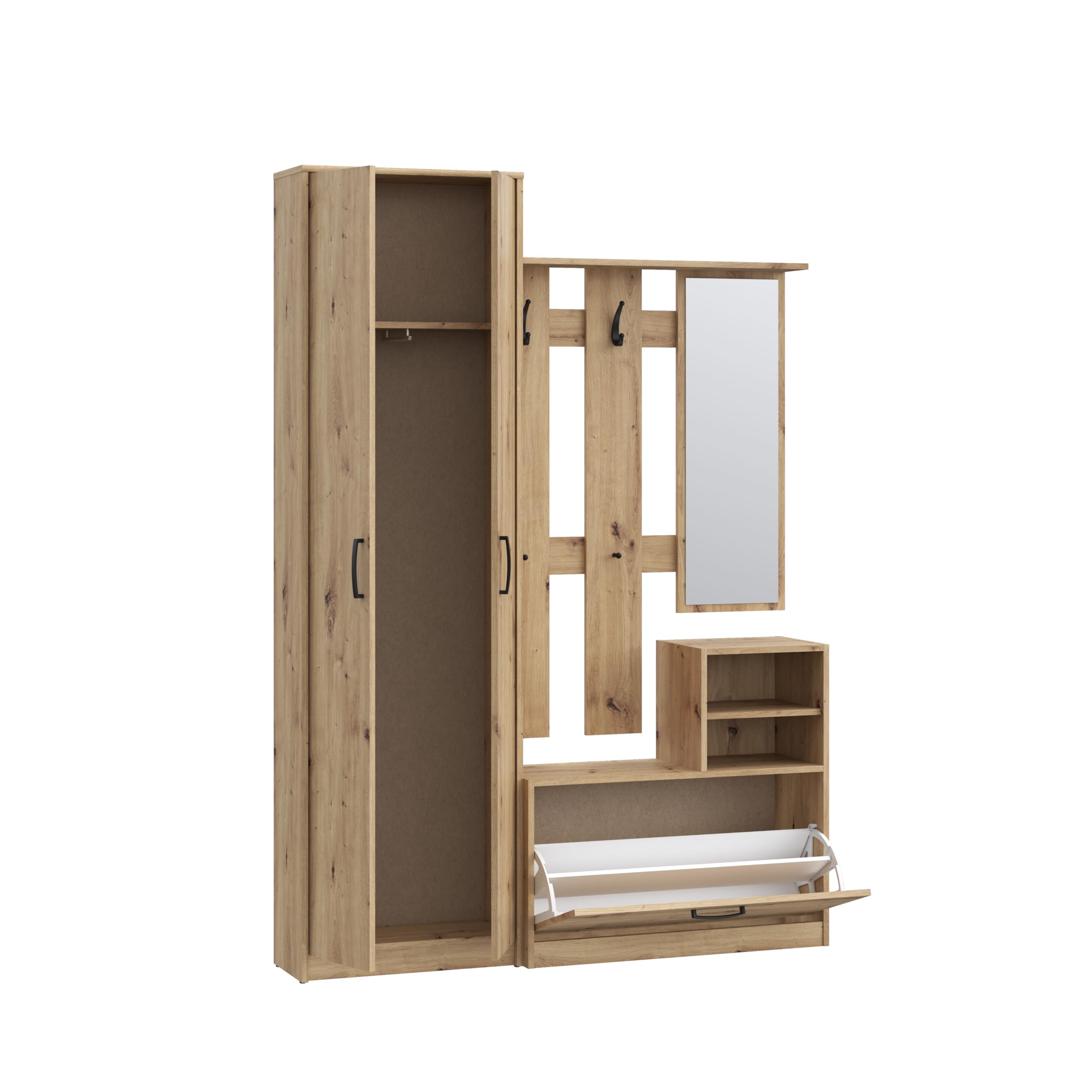 Forte NIKO Garderobenschrank 130 140, Skandi-Mehrzweckschrank, 2-türig, 1 Schublade, Spiegel, Haken, Flur, Artisan Eiche Holzdekor, 135 cm breit x 190,8 cm hoch x 28 cm tief