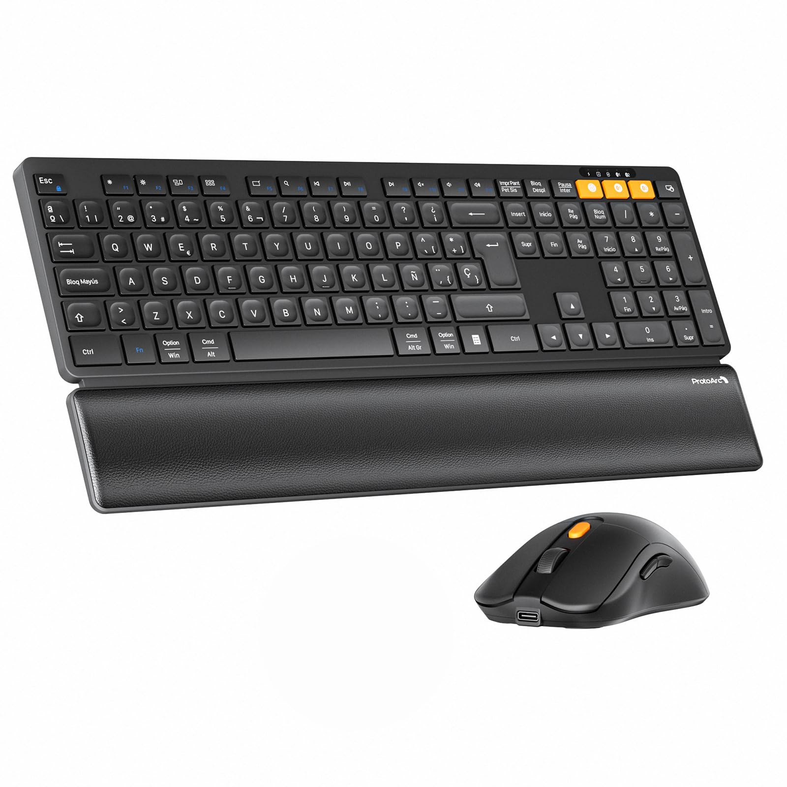 ProtoArc Teclado y Ratón Inalámbrico Bluetooth, KM60 Teclado de tamaño Completo con Reposamuñecas, Recargable, 2,4 GHz + 2*Bluetooth, para Ordenador Portátil, PC, Mac y Windows, QWERTY Español, Negro