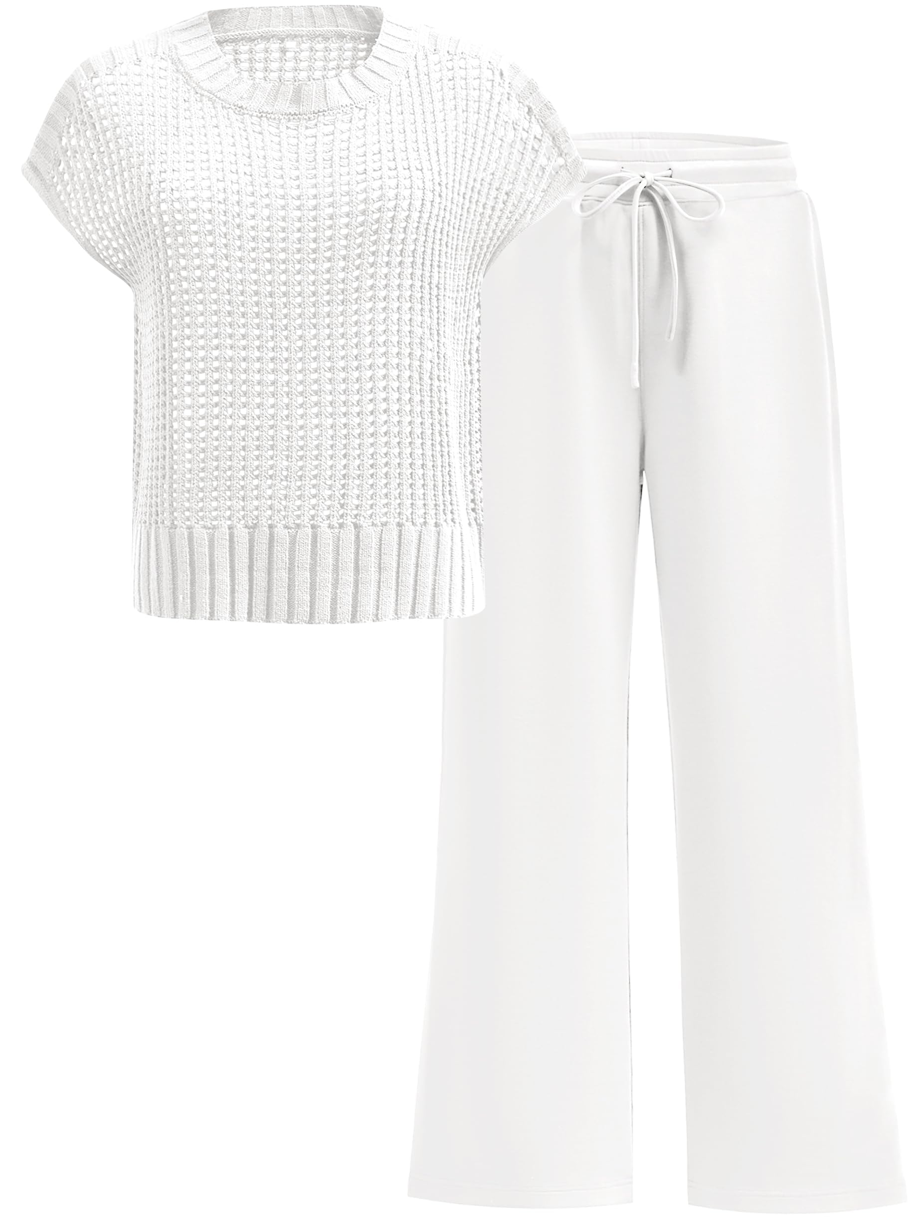 OUKODS Women Two Piece Outfits Crochet Sheer Knit Sweater Top Wide Leg Pants Lounge Matching Sets Sweatsuit Travel Clothes