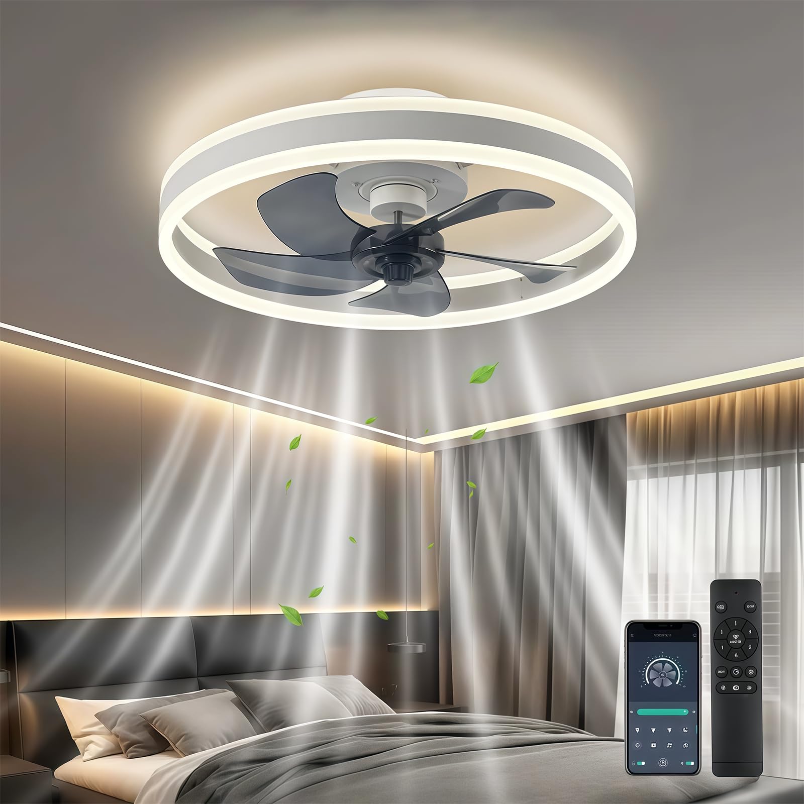 AHAWILL Moderne Deckenlampe mit Ventilator Weiß 50 cm, LED Dimmbar 3000–6500K, 6 Stufen, Fernbedienung & App, Reversibel, Timer, Flacher Ventilator für Schlafzimmer (Weiß)