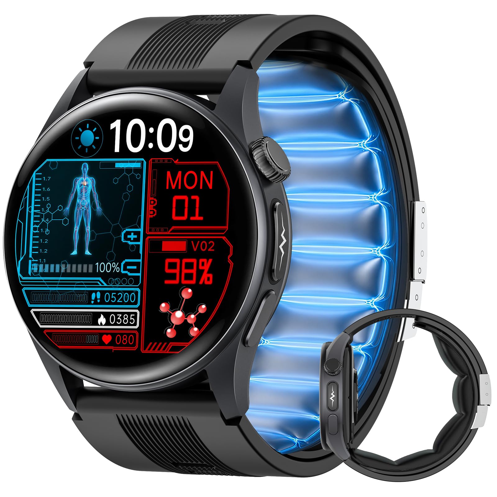 Smartwatch Herren mit Luftpumpe & Blutdruckmessung, EKG, HRV, Schwarz